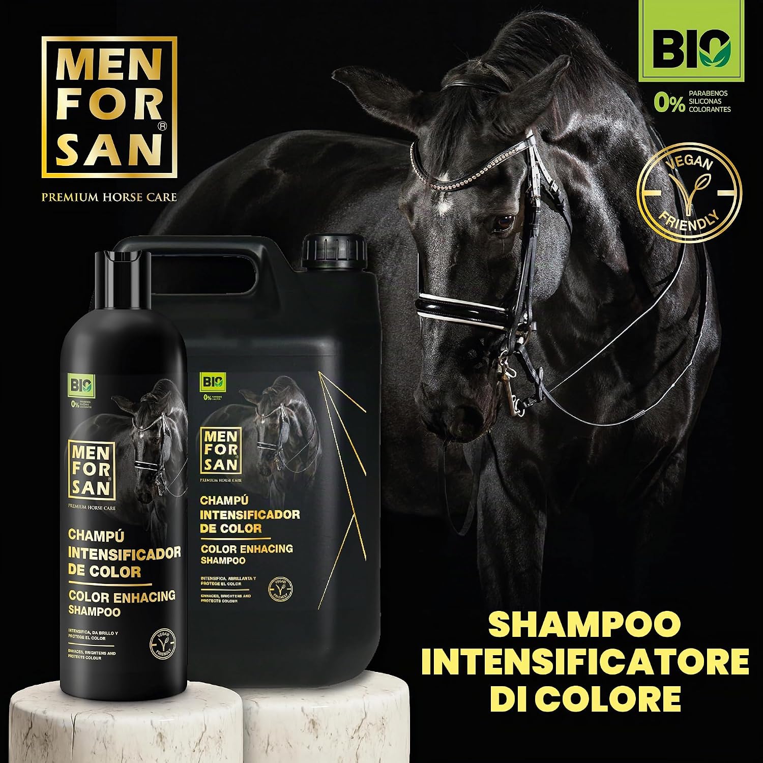 Detalle de MENFORSAN Shampoo intensificatore di colore per cavalli 5L – bio, vegano e neutro per tutte le razze