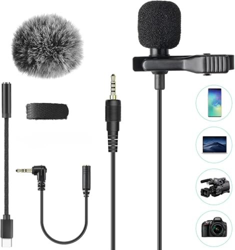 Detalle de AGPTEK Z02C micrófono de solapa con parabrisas, cable de 2 m y 3 adaptadores