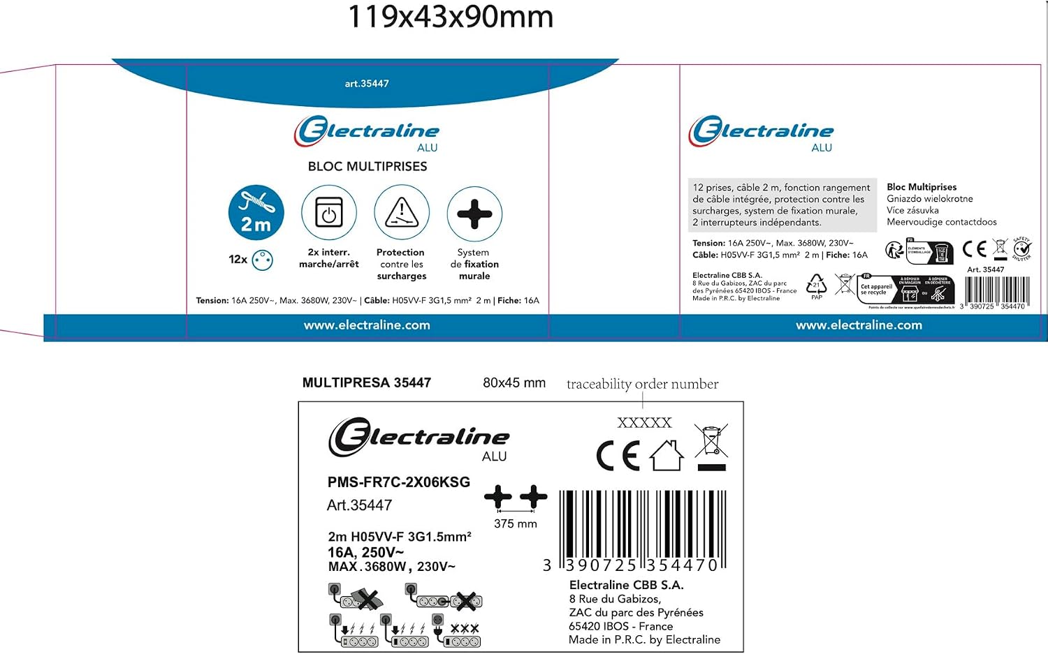 Thumbnail 4 de Electraline 35447 Alu-Line Multiprise 12 prises