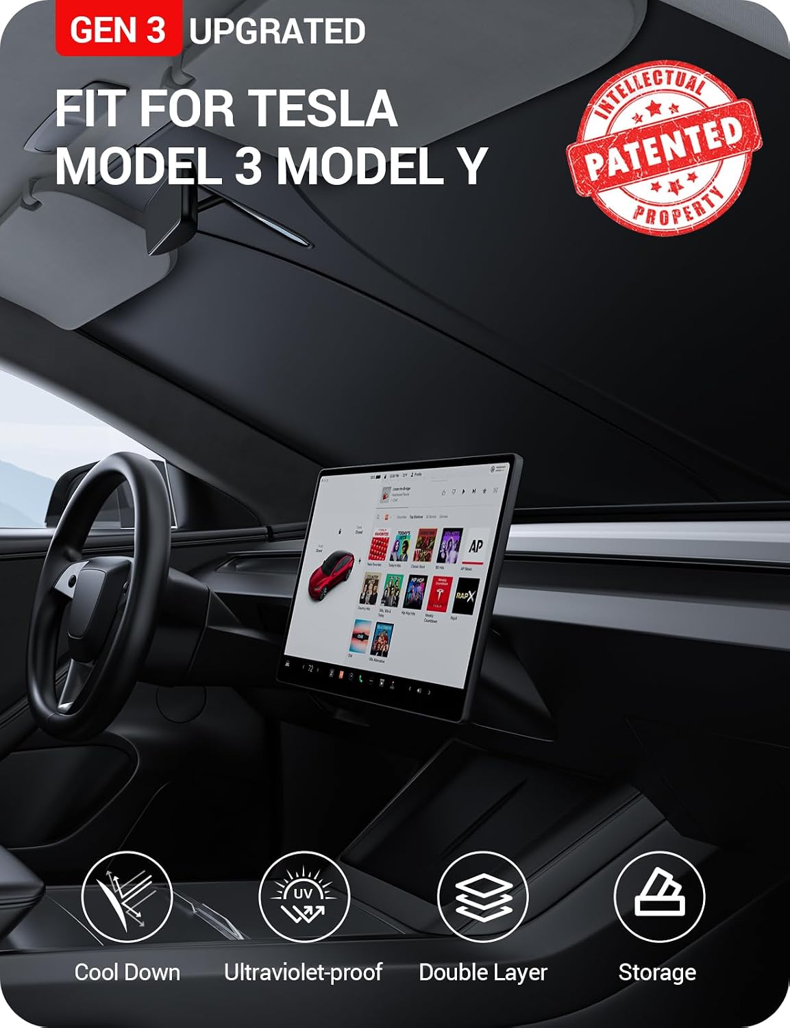 Thumbnail 1 de BASENOR 2026 Tesla Model Y Windshield Sunshade (Nano Ice Crystal) — 4-in-1 Heat and UV Protection for Model 3/Model Y (2017-2026)