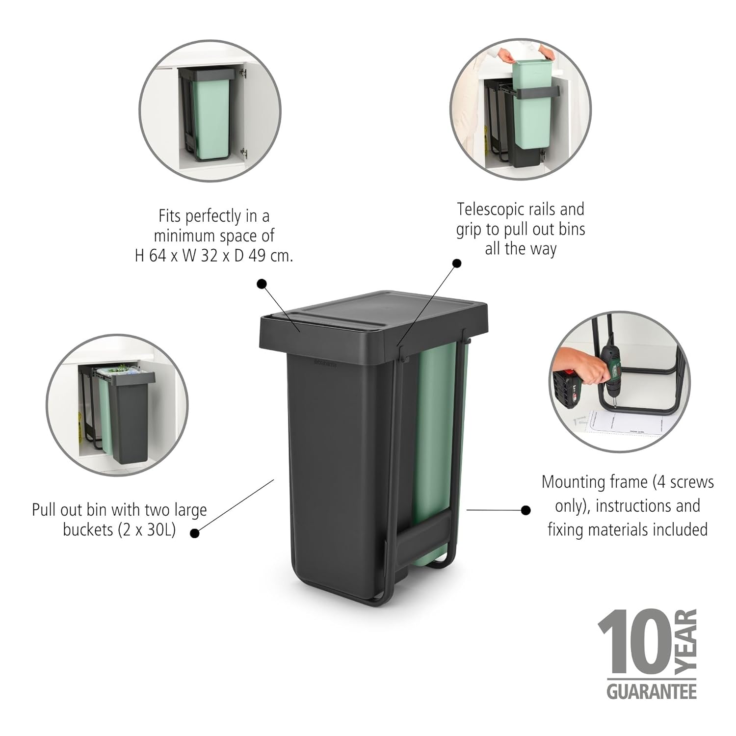 Detalle 2 de Brabantia Sort & Go Pull Out Bin: 2 x 30L Under-Sink Recycling Unit