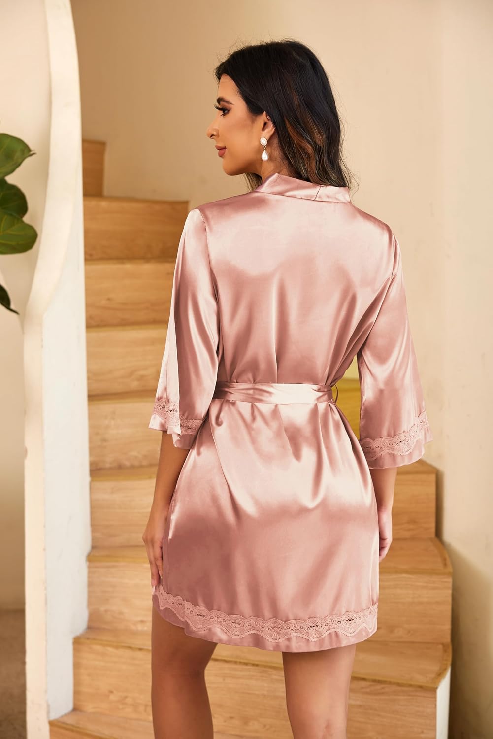 Detalle de Ekouaer ERK007815# Women's Satin Kimono Robe with Lace Trim