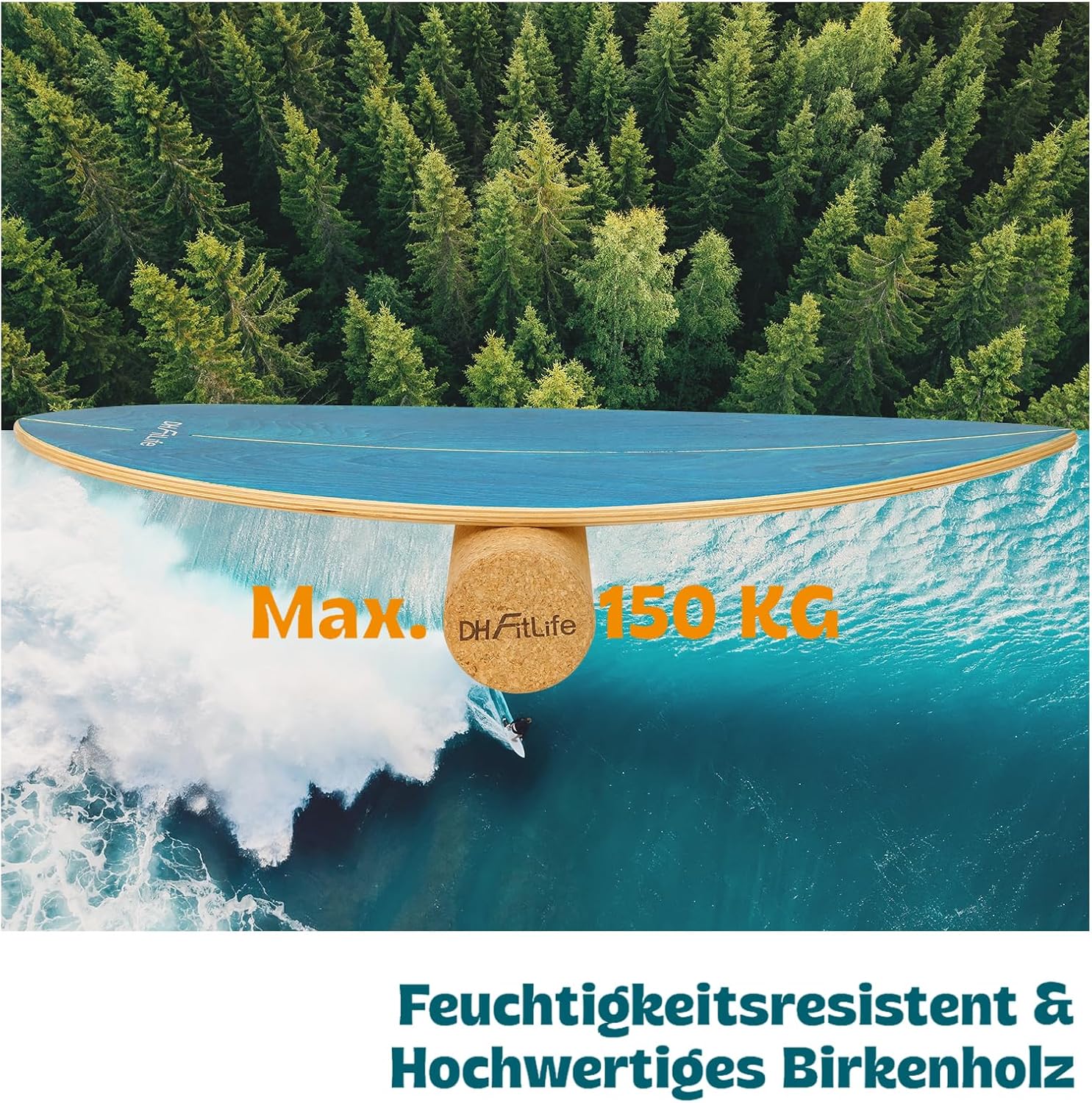 Detalle 2 de DH FitLife Surfbrett Kit – Balance Board aus Echtholz (Indoor Surfboard) mit Rocker Shape
