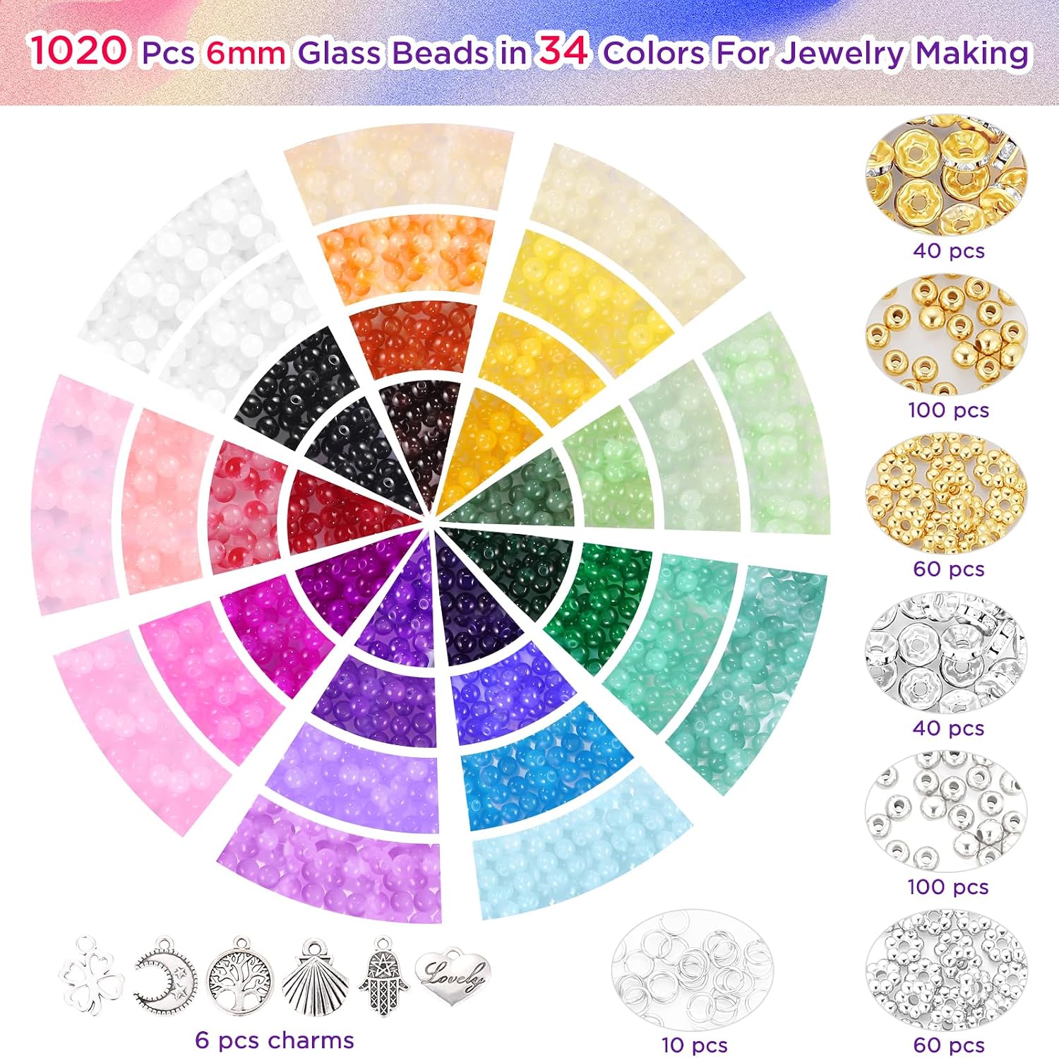 Thumbnail 2 de Funtopia 1400 Pcs Glass Beads for Bracelet Making – 34 Colours, 6mm, Ideal for DIY Jewellery