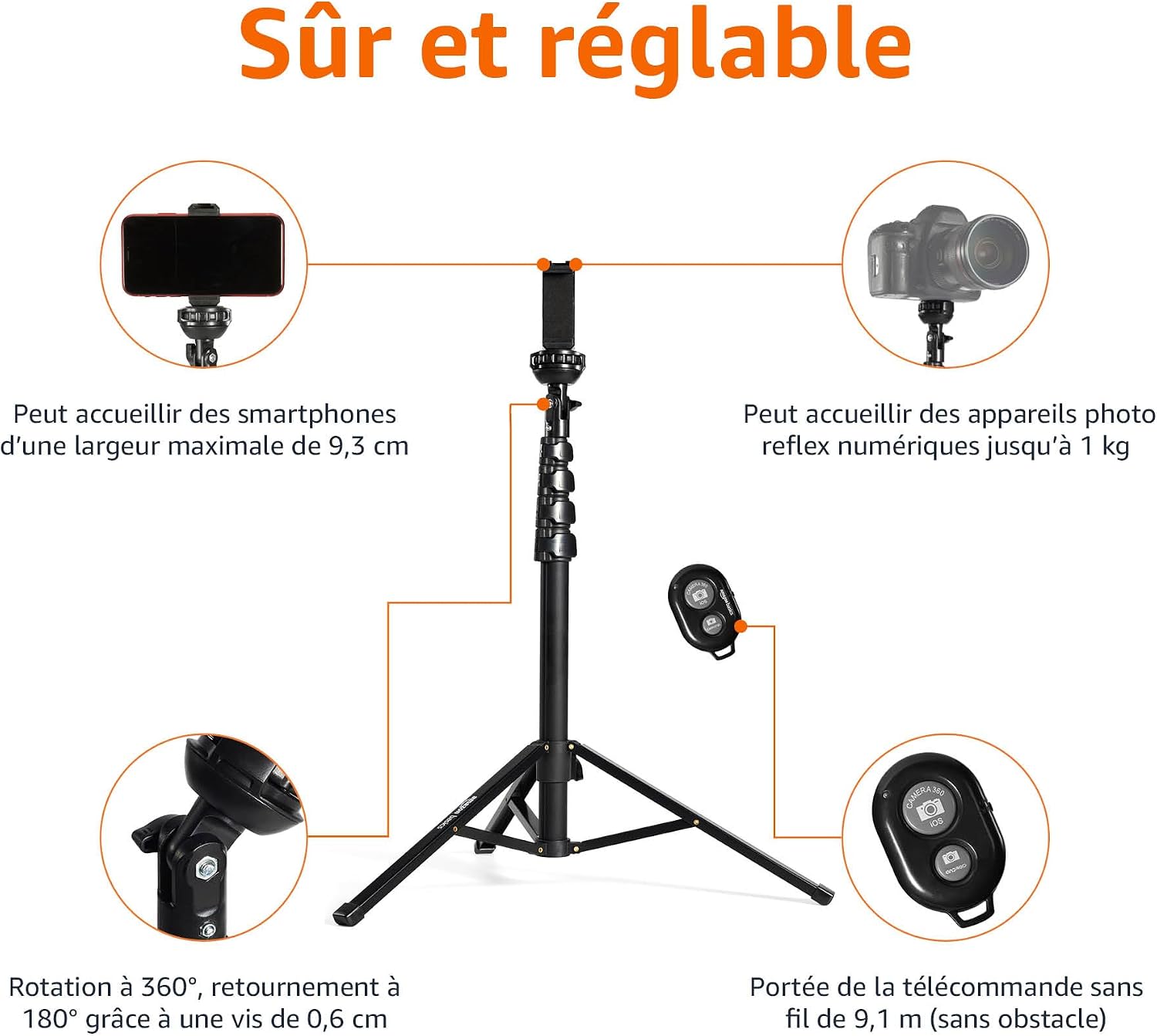 Detalle de Amazon Basics trépied extensible pour téléphone et perche à selfie 162 cm, avec télécommande sans fil