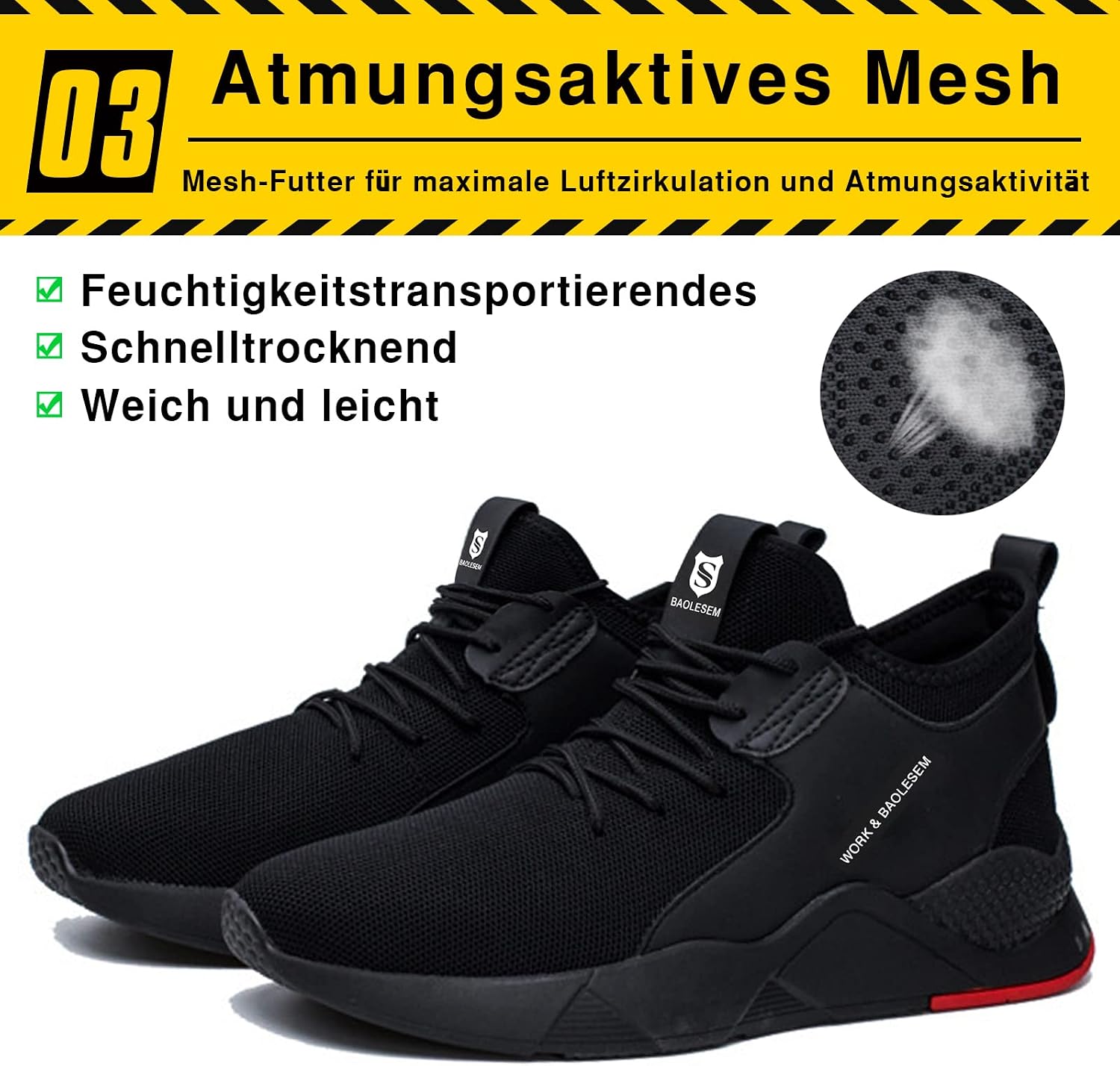 Thumbnail 5 de BAOLESEM Sicherheitsschuhe – leichte, atmungsaktive Sneaker mit Stahlkappe (Schwarz)