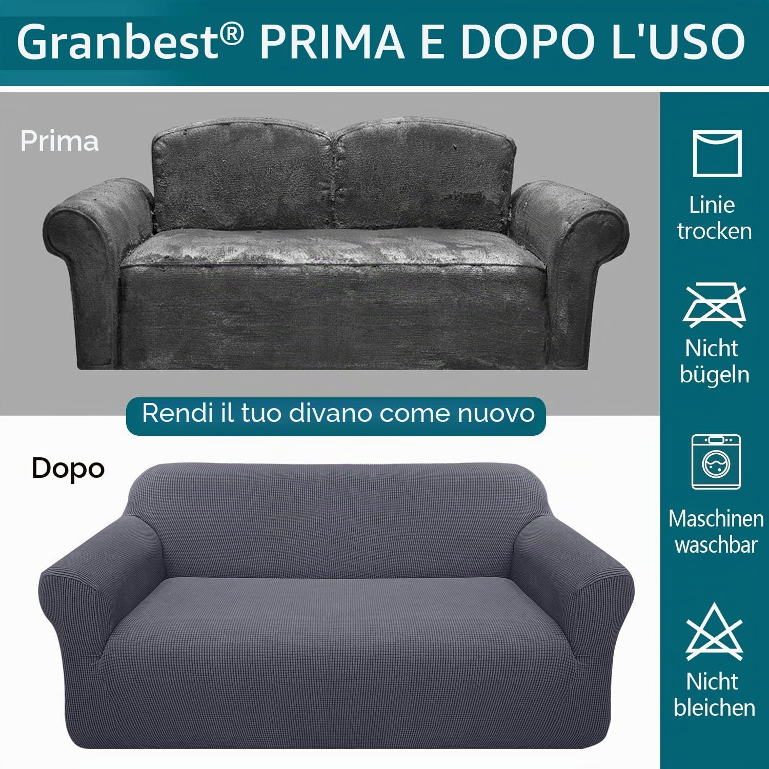 Detalle de Granbest Copridivano Elasticizzato 4 posti Grigio: Vestibilità perfetta e protezione per il soggiorno