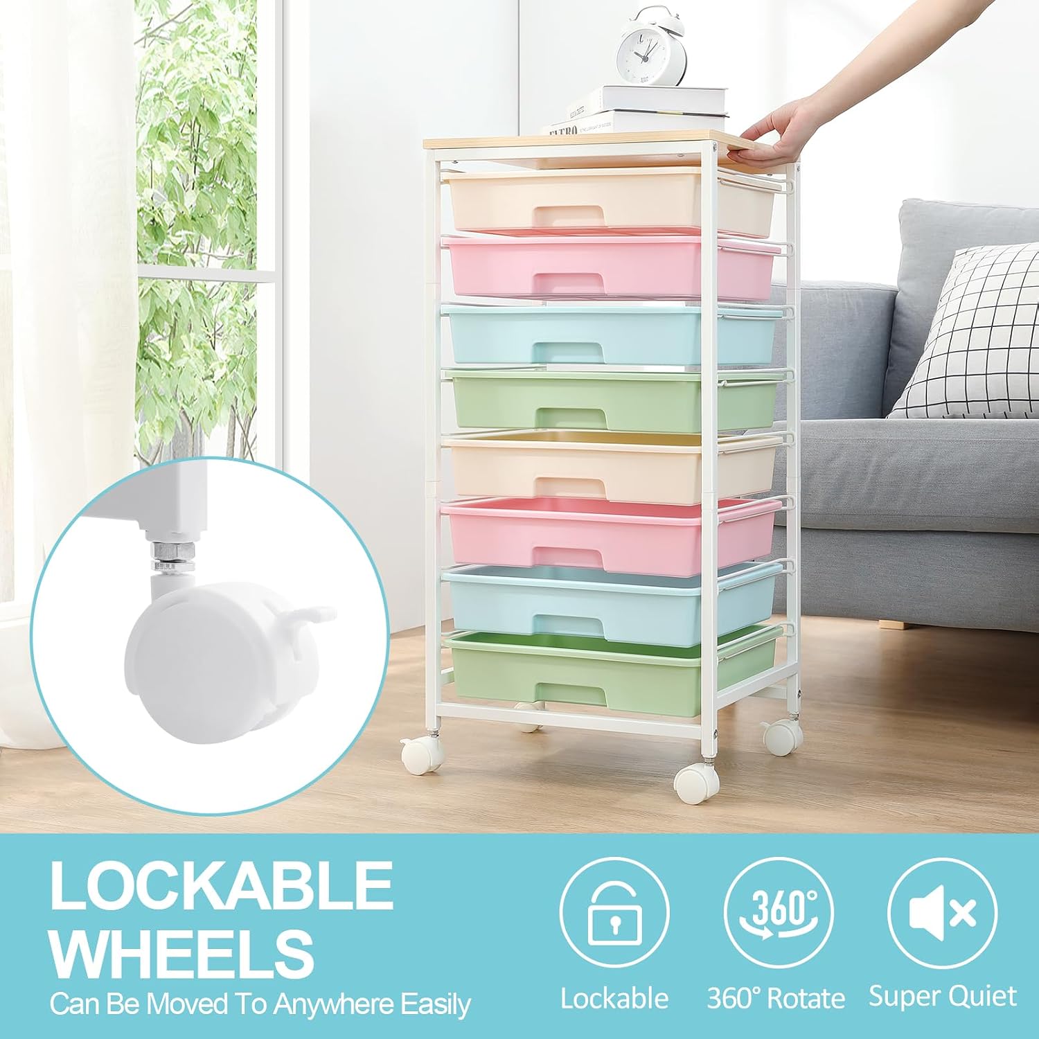 Detalle 2 de SYKIARIOL 1250-1 Rainbow Rolling Cart with 8 Drawers and Wooden Top