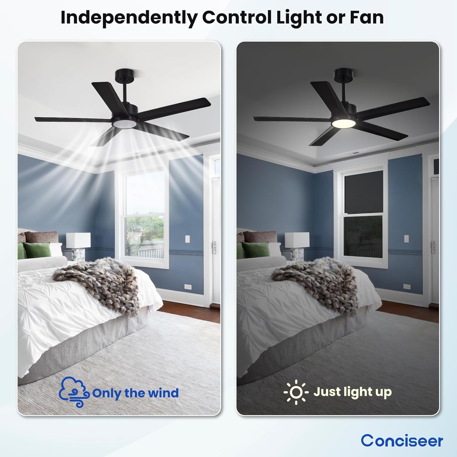 Thumbnail 6 de Conciseer 52-Inch Modern Ceiling Fan with Lights, Remote, 5 Blades, 6-Speed Reversible DC Motor (Black)