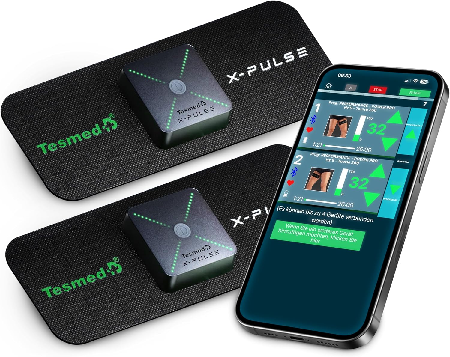 Detalle de TESMED X-Pulse Wiederaufladbarer kabelloser EMS-Muskelstimulator – 2 Geräte, App-Steuerung, 130 Intensitätsstufen