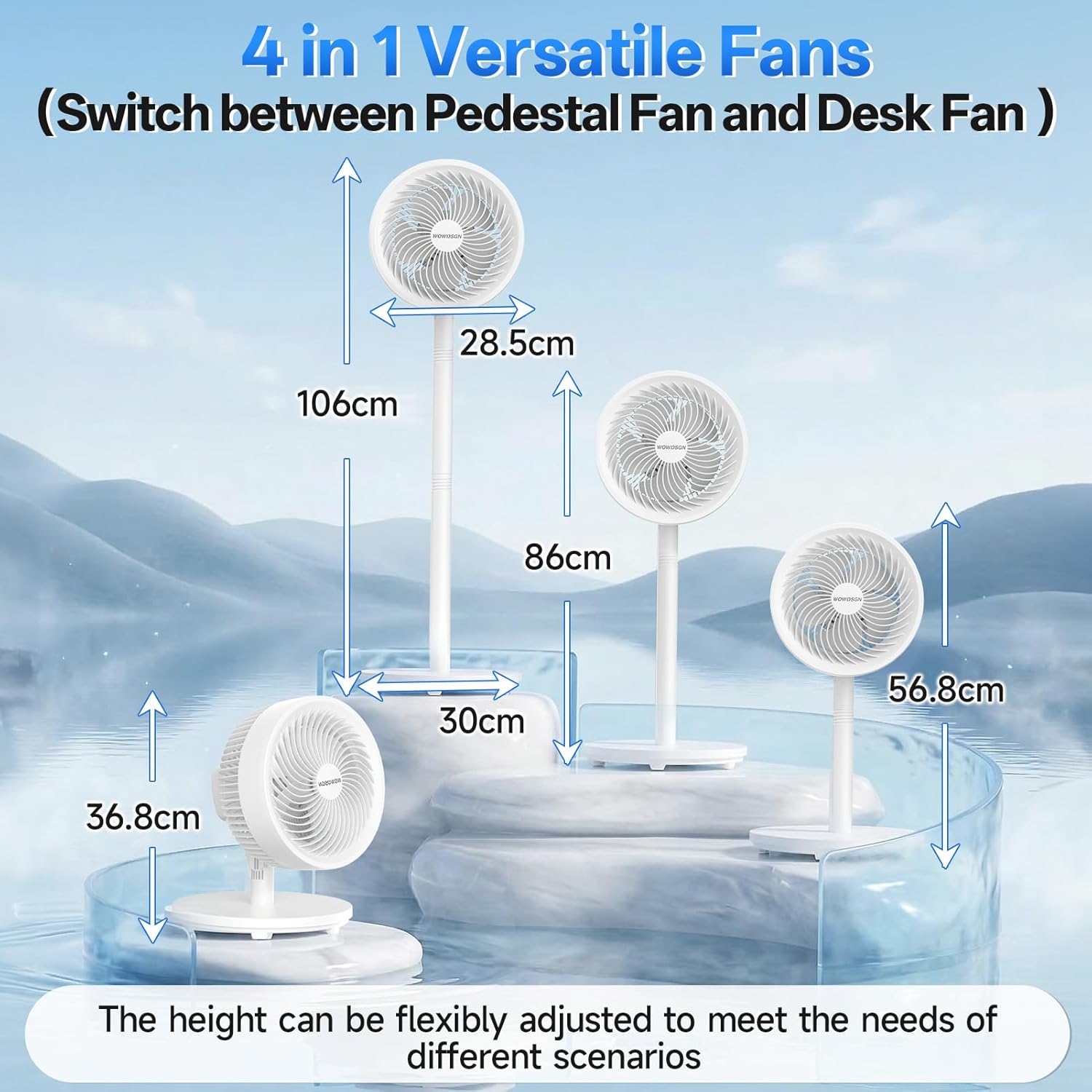 Thumbnail 3 de WOWDSGN 2-in-1 Pedestal Circulator Fan – Ultra-Quiet, 4-Height Floor Fan with 73° Oscillation