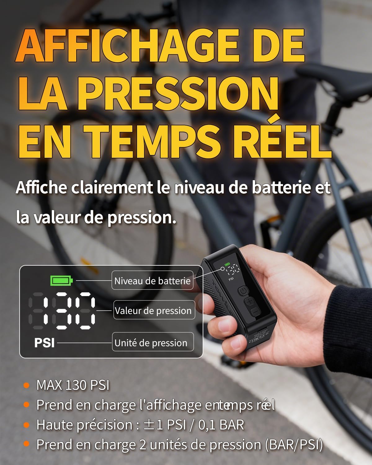 Thumbnail 2 de TOWILD A13 – Mini pompe à vélo électrique portable jusqu’à 130 PSI, compatible Presta & Schrader, recharge USB Type-C