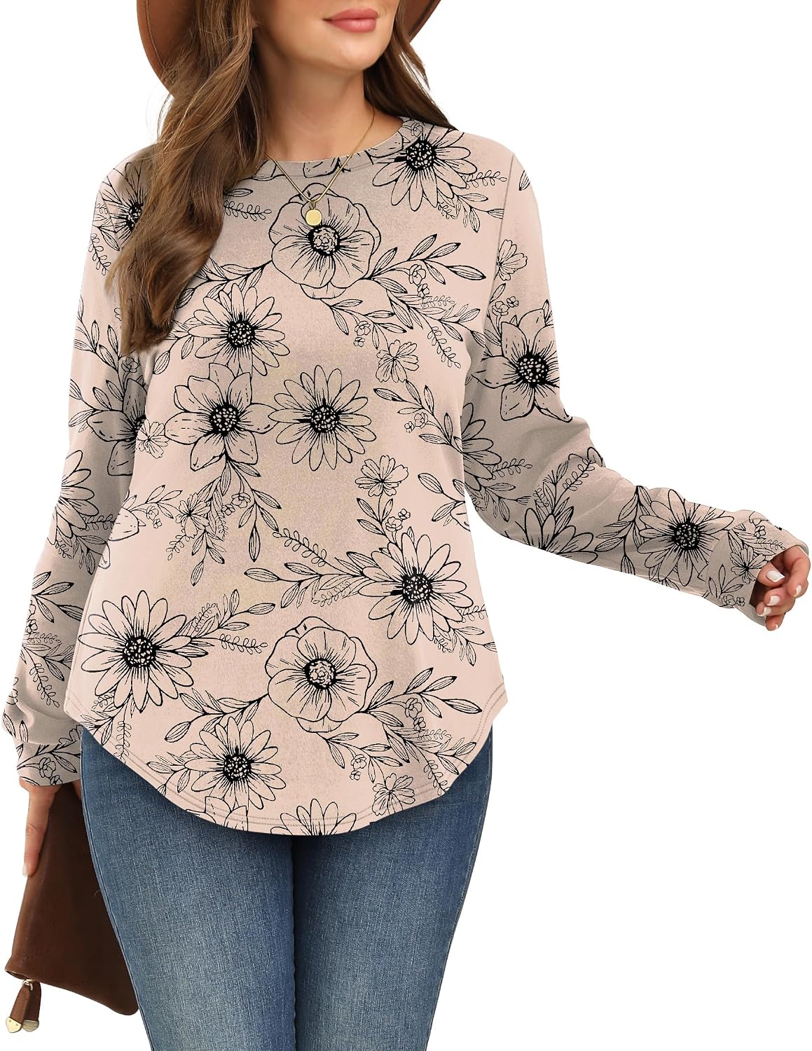 Detalle de WIHOLL women’s curved hem crewneck long sleeve sweatshirt jumper tops (lightweight)
