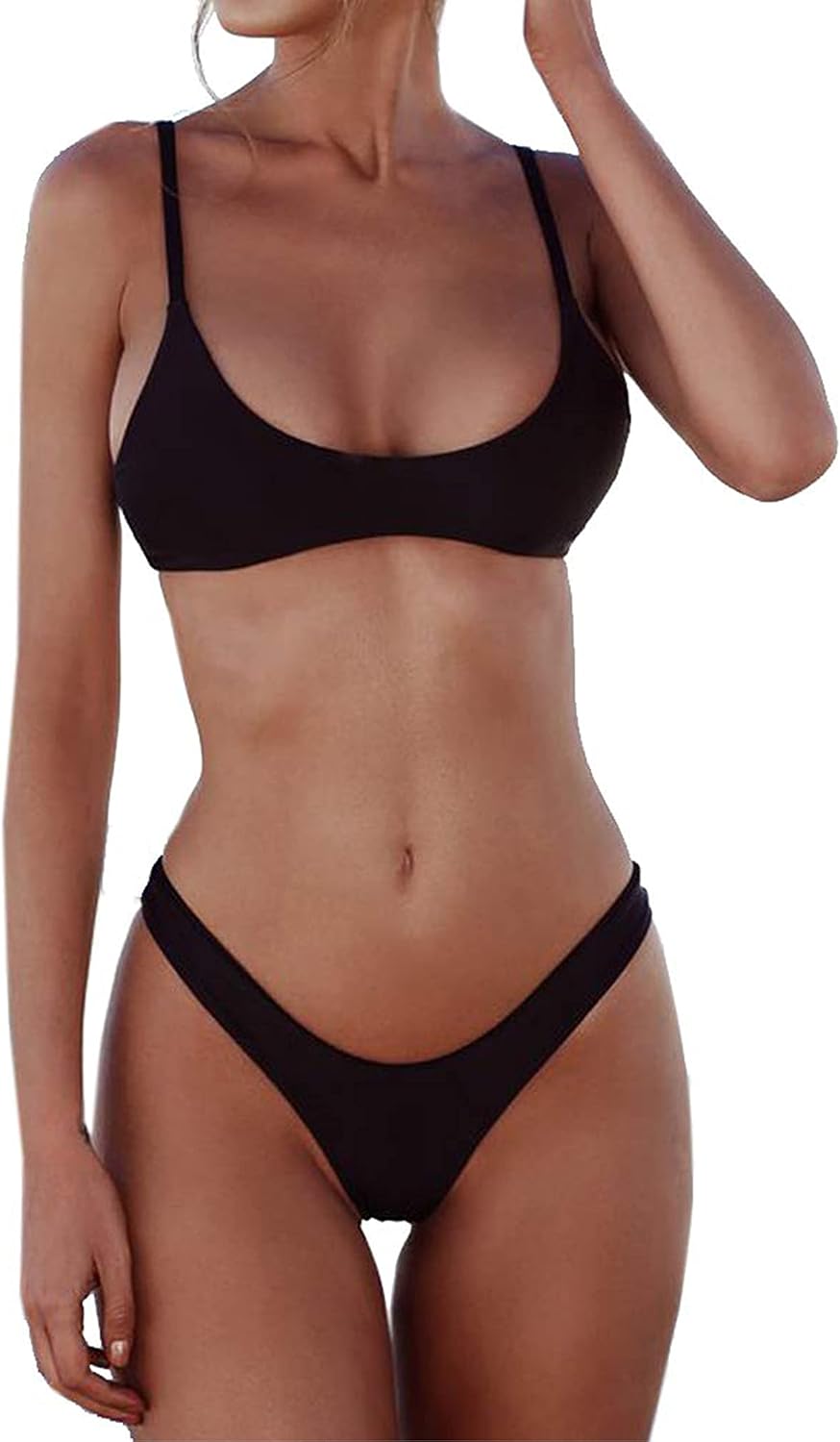 Detalle de SherryDC Women's Solid Scoop Neck Push Up Padded Brazilian Thong Bikini Swimwear