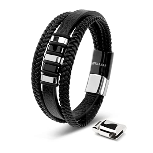 Detalle de SERASAR Bracelet Cuir Homme – Bracelet en cuir véritable noir et argenté, longueur 20 cm, réglable