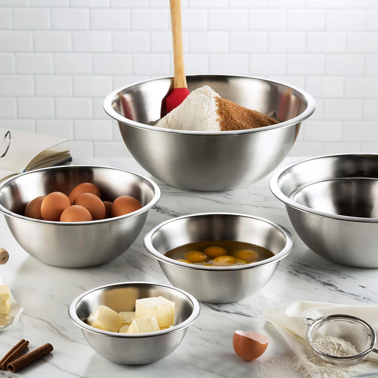 Detalle de FineDine Stainless Steel Mixing Bowls Set, 6-Piece (½–5 qt) – Nesting, Dishwasher Safe
