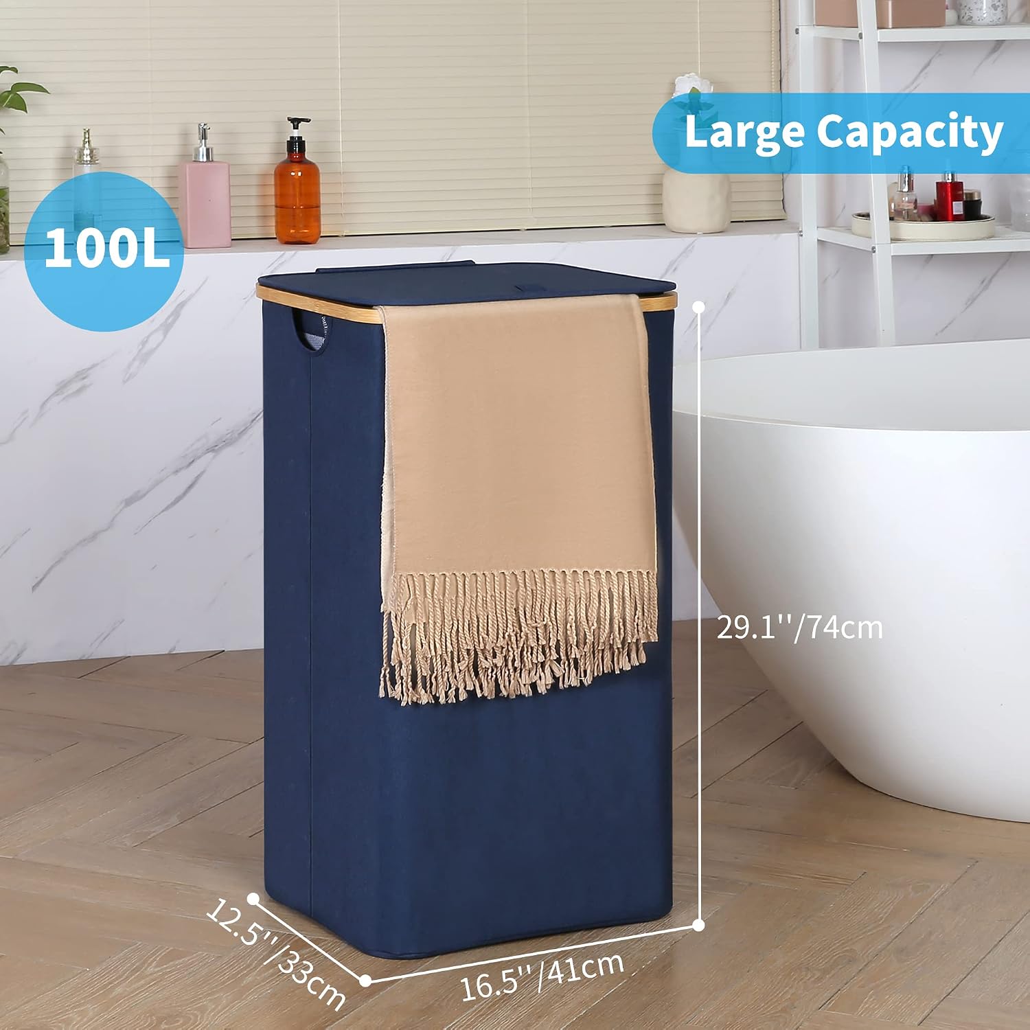 Detalle de efluky Wasmand 100 liter met bamboe deksel, uitneembare waszak en inklapbaar ontwerp