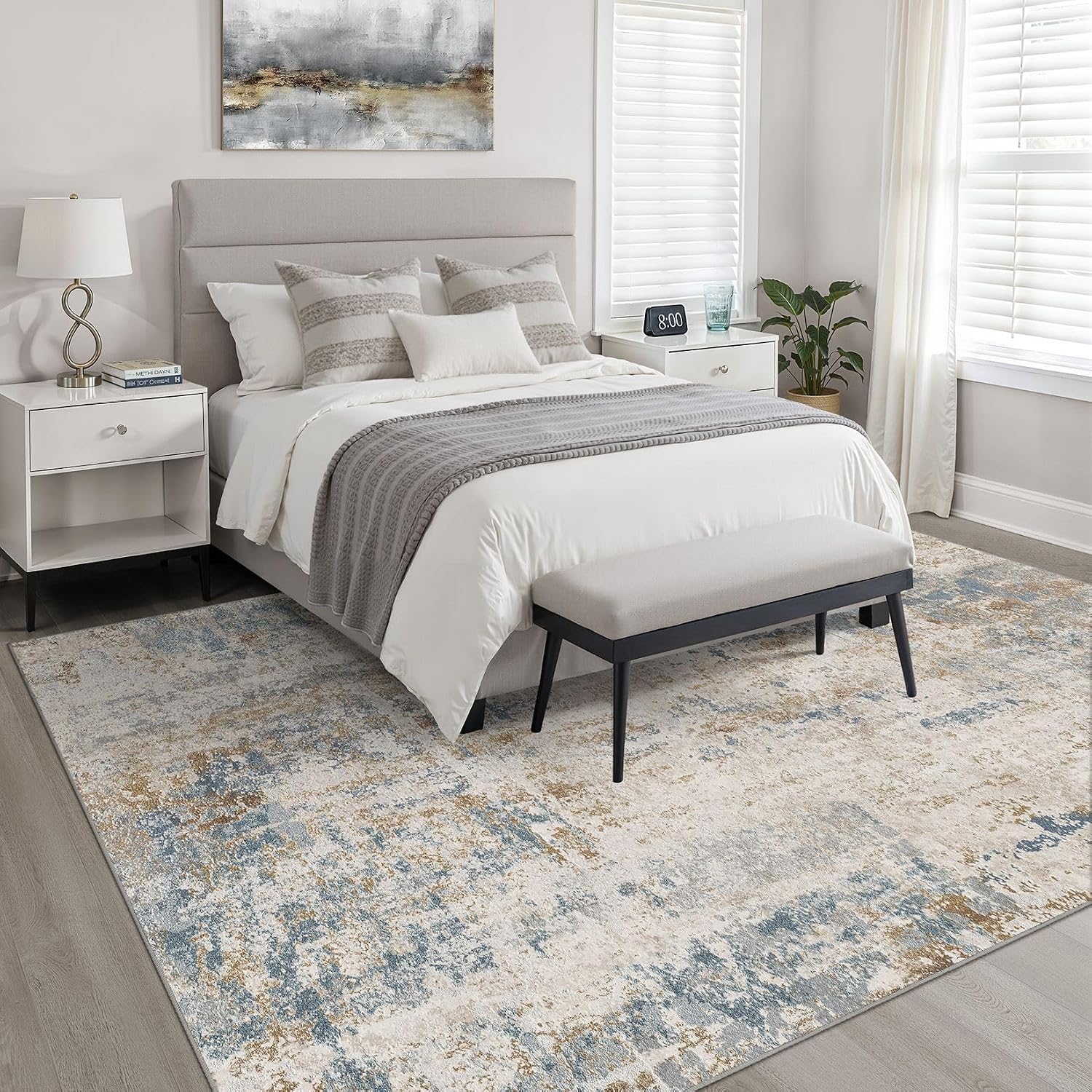 Thumbnail 3 de 7x9 Area Rug Living Room: Washable Large Neutral Rug in Blue/Brown