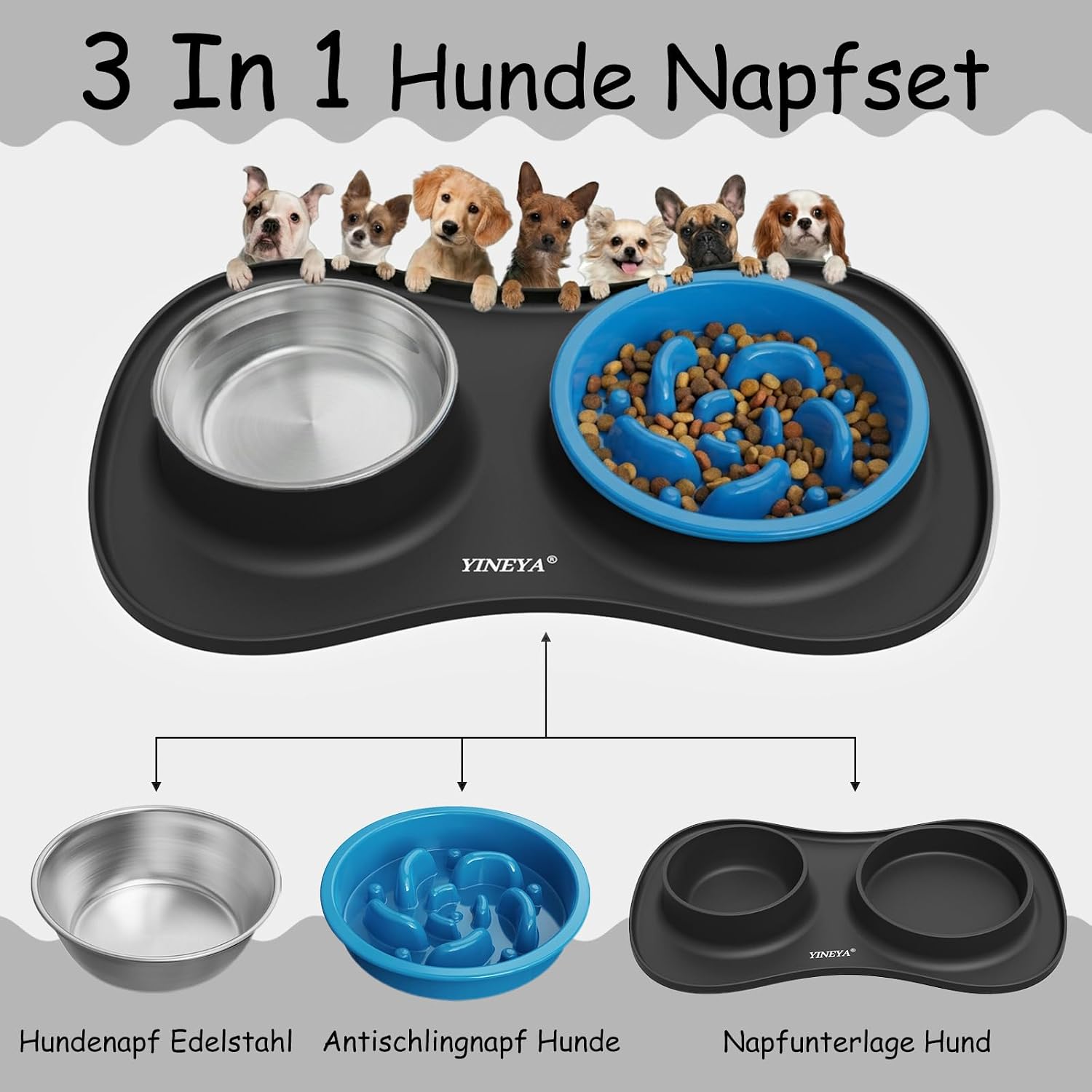 Detalle de YINEYA 3-in-1 Hundernapf-Set mit Anti-Schling-Napf, Edelstahlwassernapf und faltbarer Unterlage – Für alle Hunderassen und Katzen