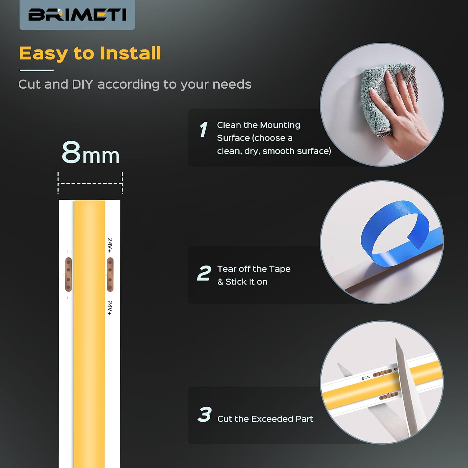 Thumbnail 6 de BRIMETI 24V-10M-8MM COB-ledstrip, 10 m, warm wit 3000K