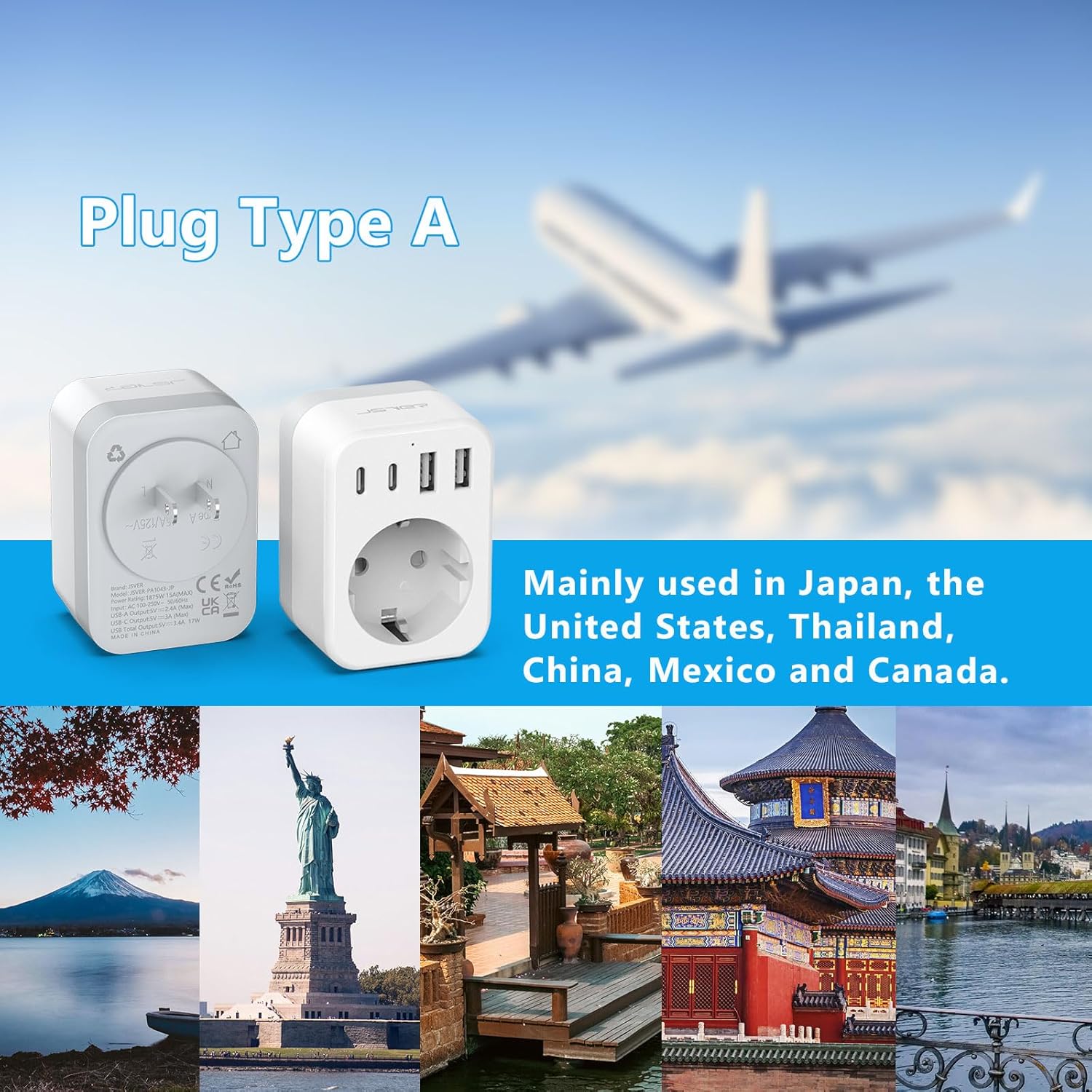 Thumbnail 1 de JSVER Set di Adattatori da Viaggio tutto-in-uno: 5 in 1 con 4 USB (UE-Giappone) bianco