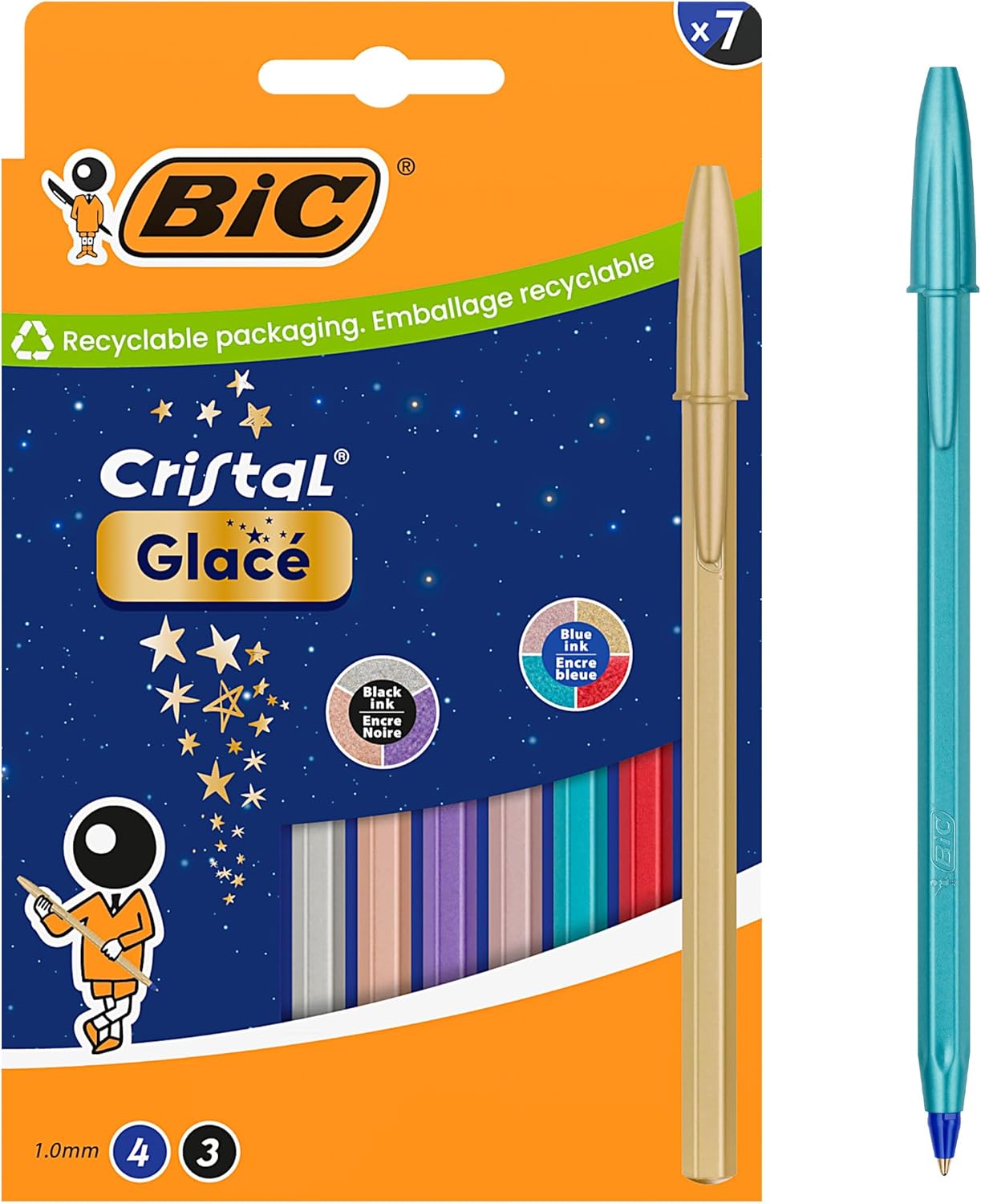PENNE A SFERA BIC CRISTAL GLACÉ 1,0 mm – confezione da 7 (4 blue + 3 black), finitura opaca