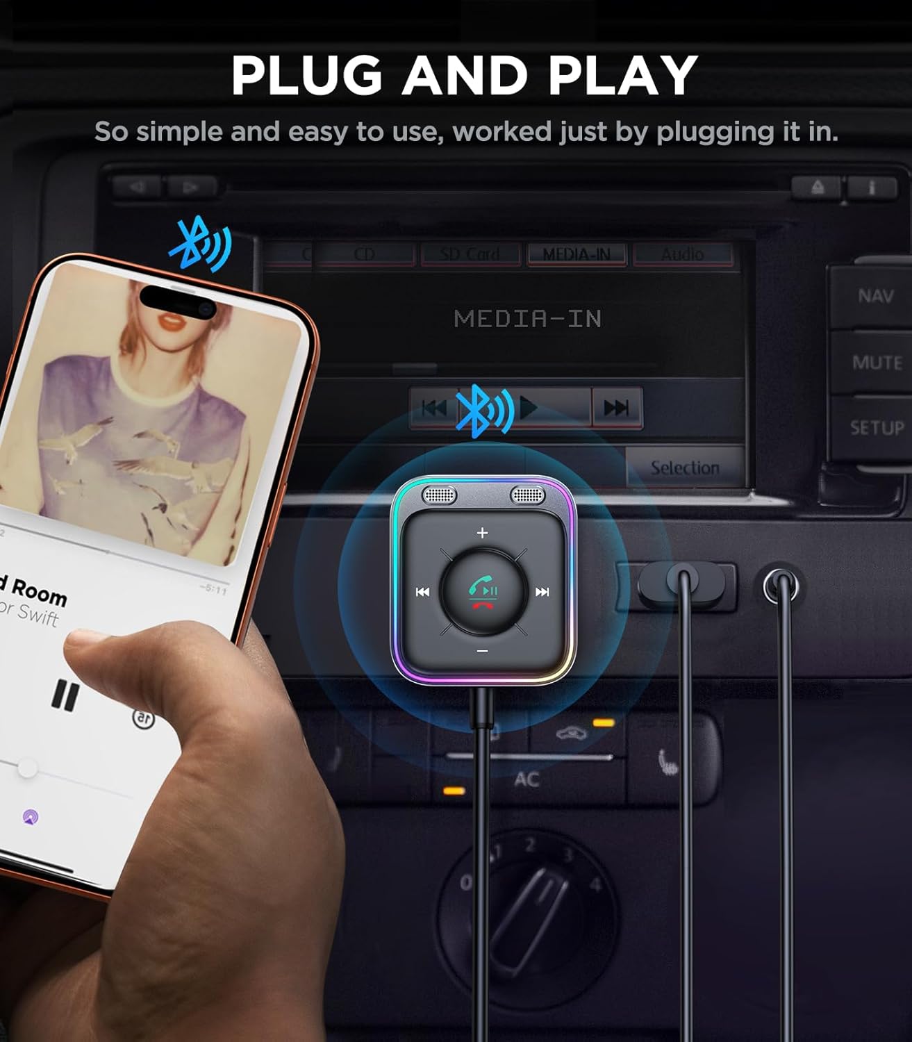 Detalle de JOYROOM Bluetooth 6.0 AUX Car Adapter: Dual Mics, Plug-and-Play Car Receiver