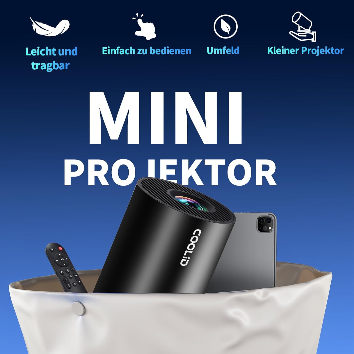 Detalle de Tragbarer Mini-Beamer mit WiFi 6 & Bluetooth 5.4, 1080p/„4K“ Decoding und Android TV – kompakt für Zuhause & unterwegs (schwarz)