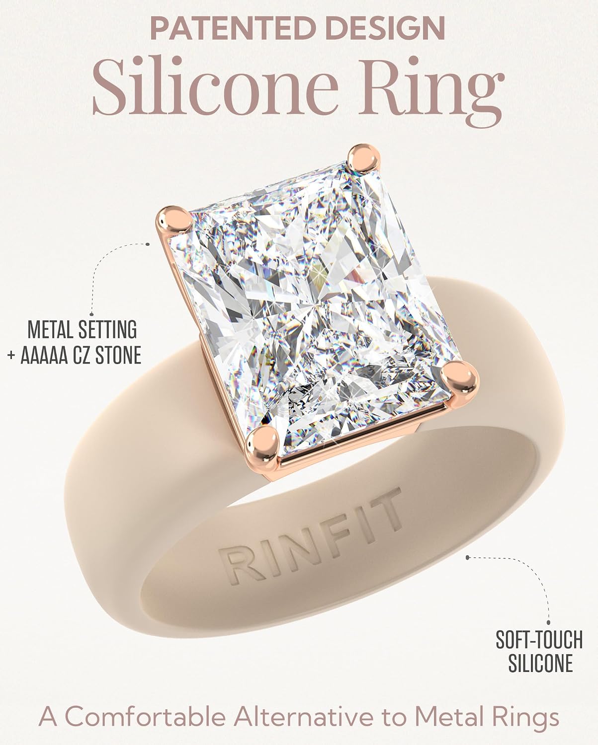 Detalle de Rinfit Silicone Ring with Stone – Emerald Cut CZ Solitaire Engagement Ring for Women