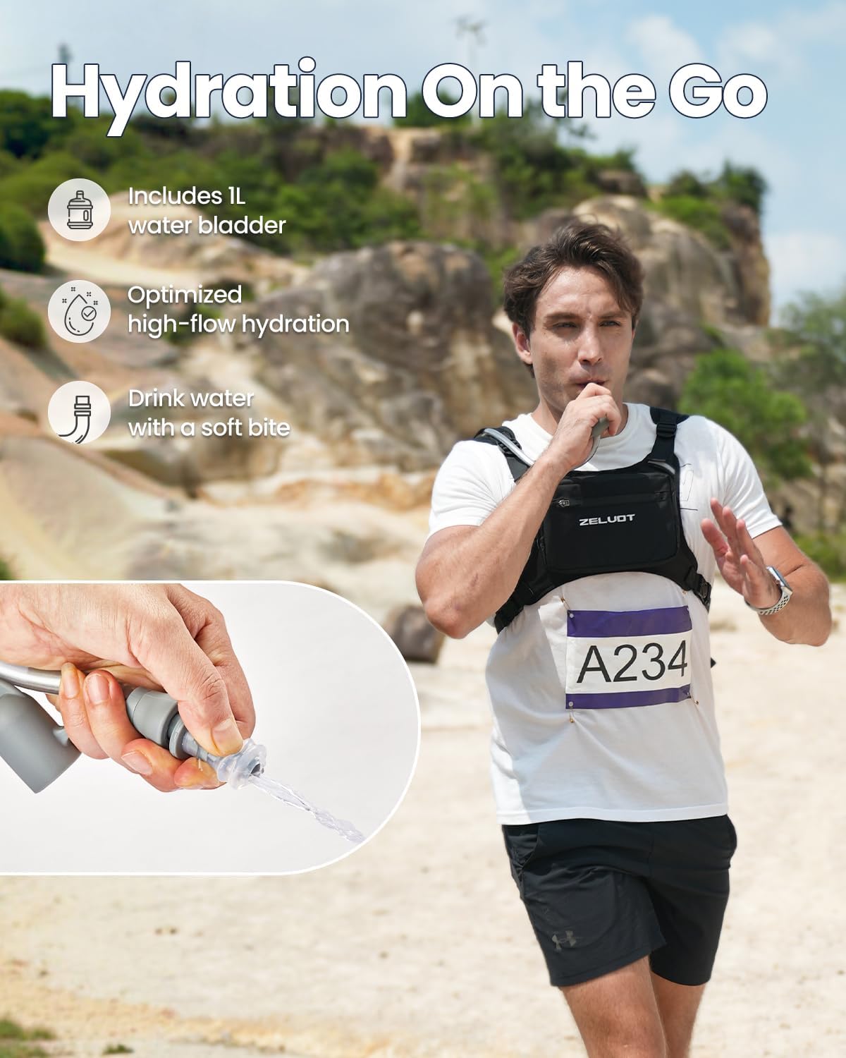 Detalle de Zelvot Running Vest with 1L Water Bladder — Adjustable Reflective Hydration Vest for Runners