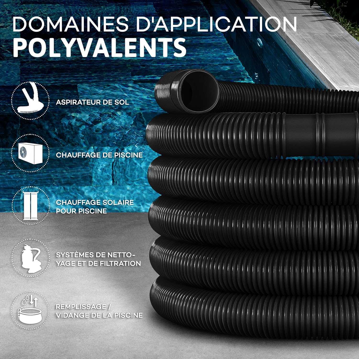 Thumbnail 1 de Tillvex Tuyau piscine avec manchons, noir, 20 m / 32 mm – pour pompe, aspirez et chauffage solaire