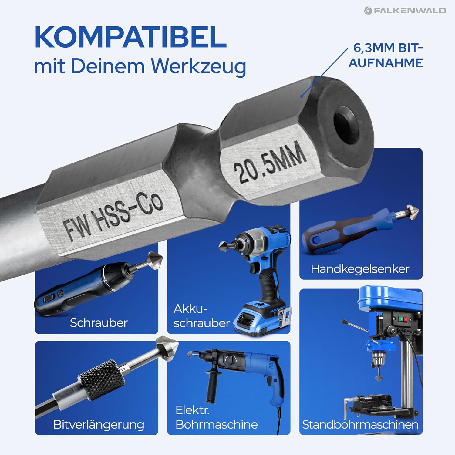 Detalle de FALKENWALD Metallbohrer-Set HSS-Co M35 (19-teilig, 1–10 mm) mit 135° Kreuzanschliff & ProBox