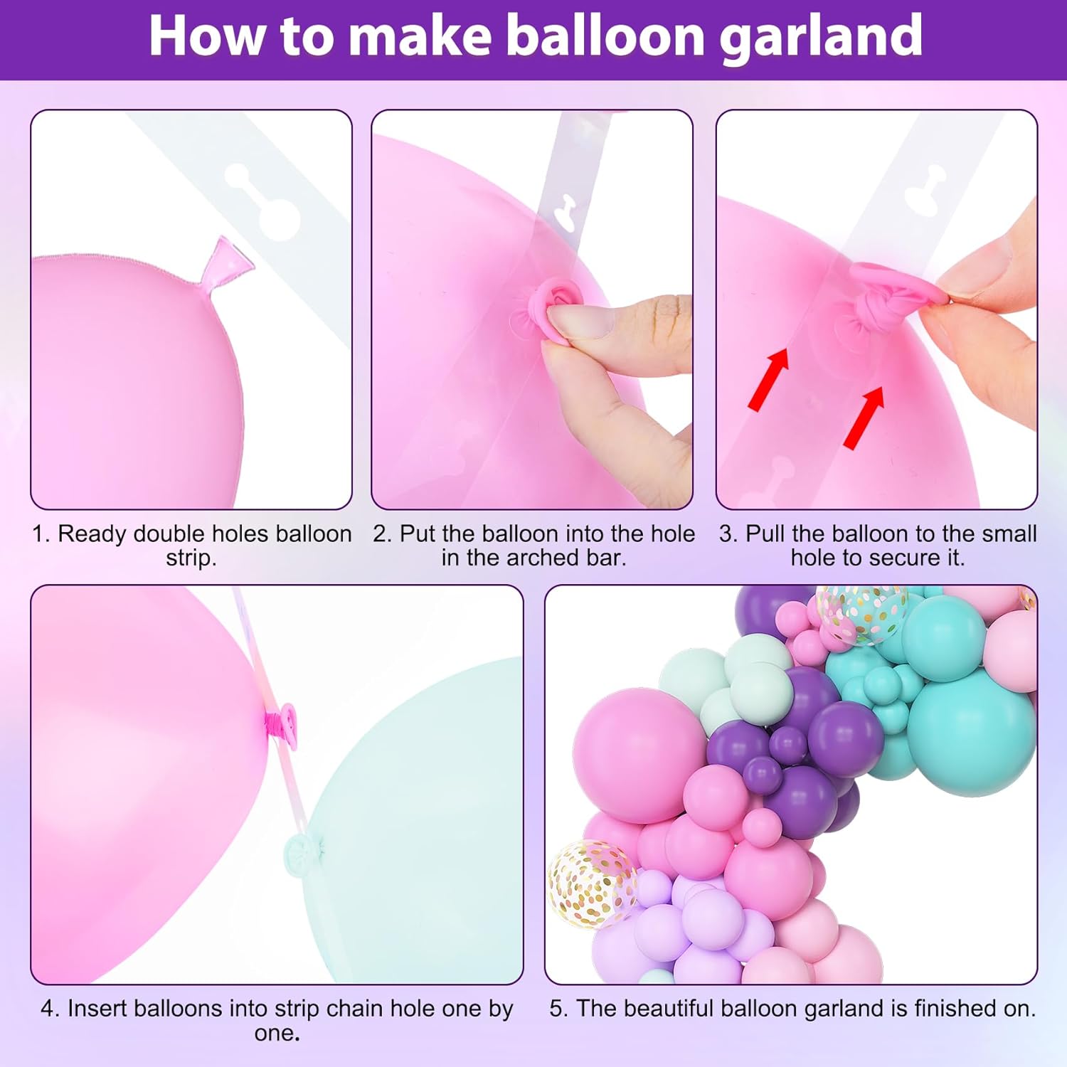 Thumbnail 2 de BlueCloudy Pink Purple Balloon Arch Garland Kit – Mixed Sizes (18" 12" 10" 5") in Purple, Blue, Pink with Gold Confetti