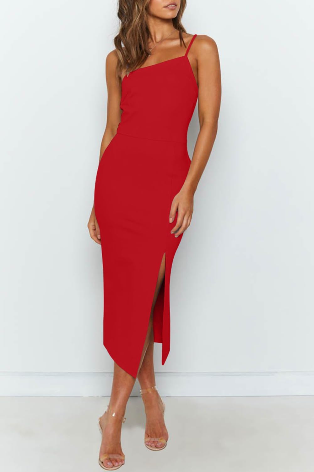 Thumbnail 1 de OWIN Women's Adjustable Spaghetti Straps Sleeveless High Waist Split Midi Bodycon Cocktail Party Dress