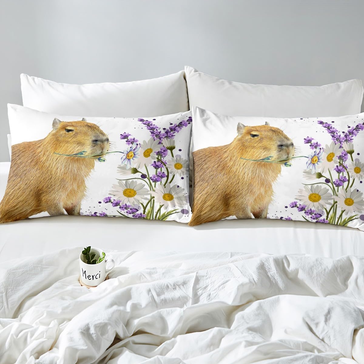 Thumbnail 3 de Capybara Lover Bettwäsche-Set (135x200) mit Kissenbezug – Lila Lavendel-Daisy Motiv