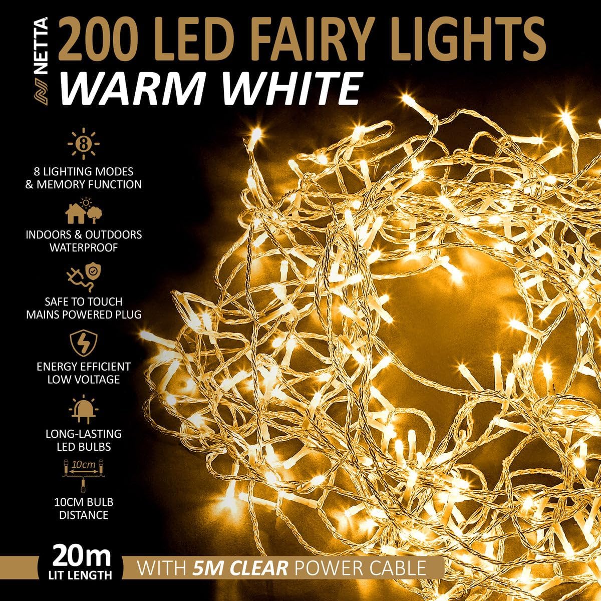 Thumbnail 1 de NETTA Christmas Tree Lights: 200 LED warm white fairy lights, 20m lit length (10cm spacing) with 8 modes