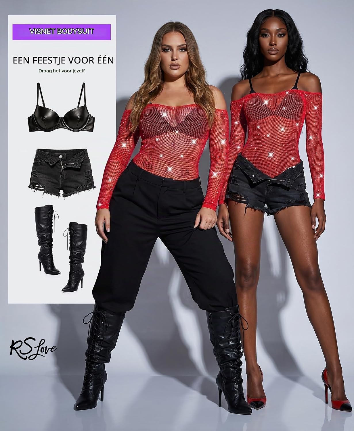 Detalle de RSLOVE mesh bodysuit met lange mouwen, strass en stringbroekje