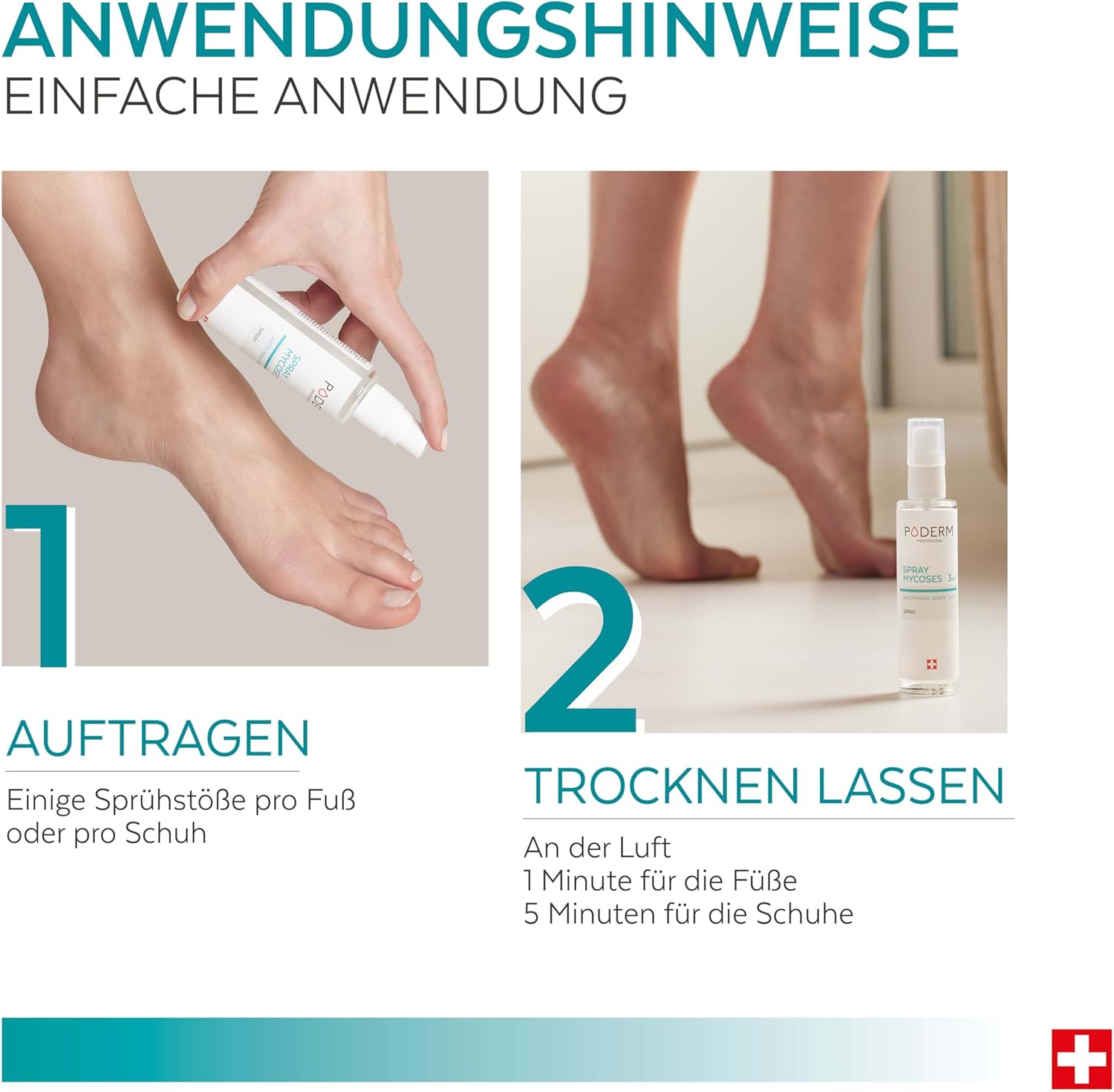 Detalle 2 de PODERM 3-in-1 Pilzspray für Nägel, Füße & Schuhe (Teebaum, Zink & Minze) – Swiss Made