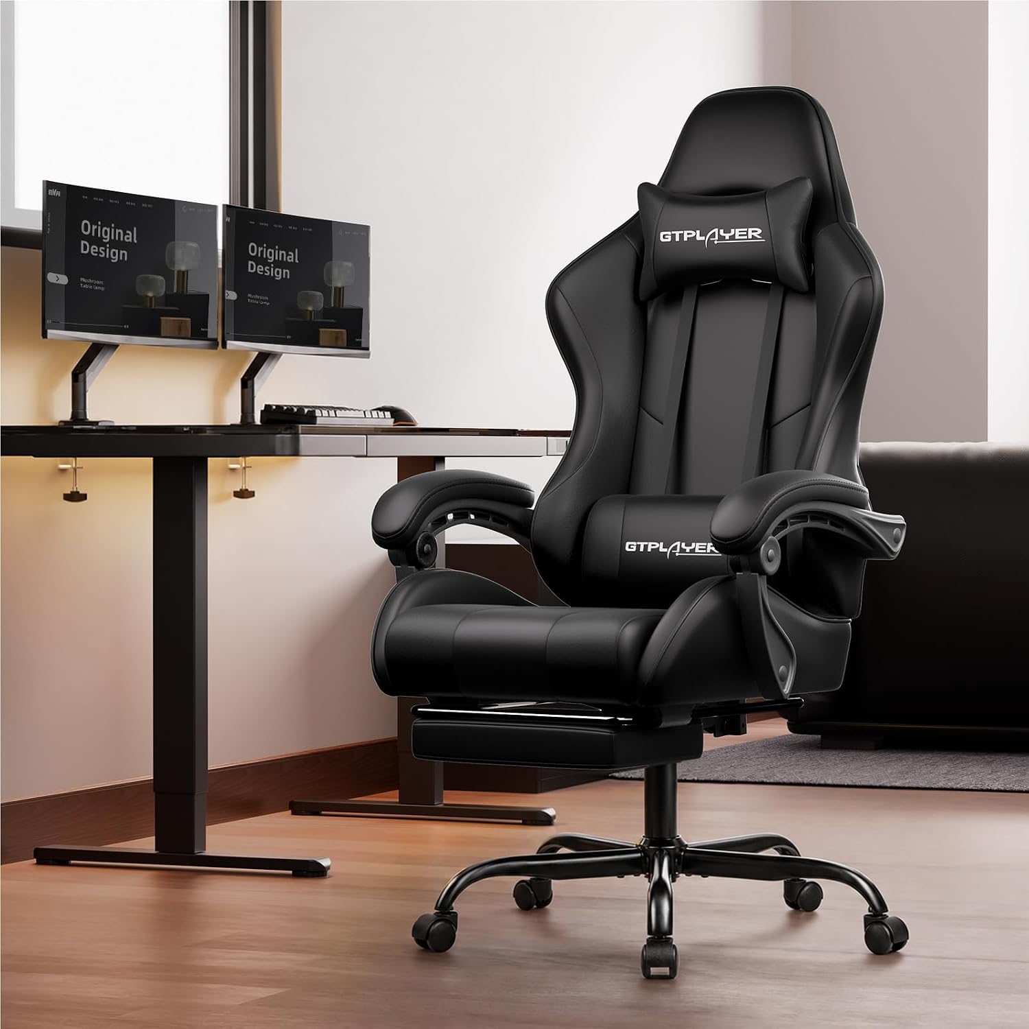 Thumbnail 1 de GTPLAYER Gaming Chair with Footrest, Lumbar Support, Headrest, and Height Adjustment (Black Faux Leather)