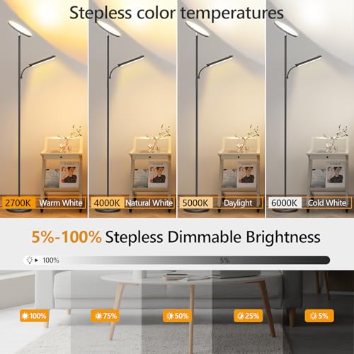 Detalle de Lampadaire LED 42W sur pied LUCKEA – lumière dimmable 2700–6500K avec télécommande et contrôle tactile