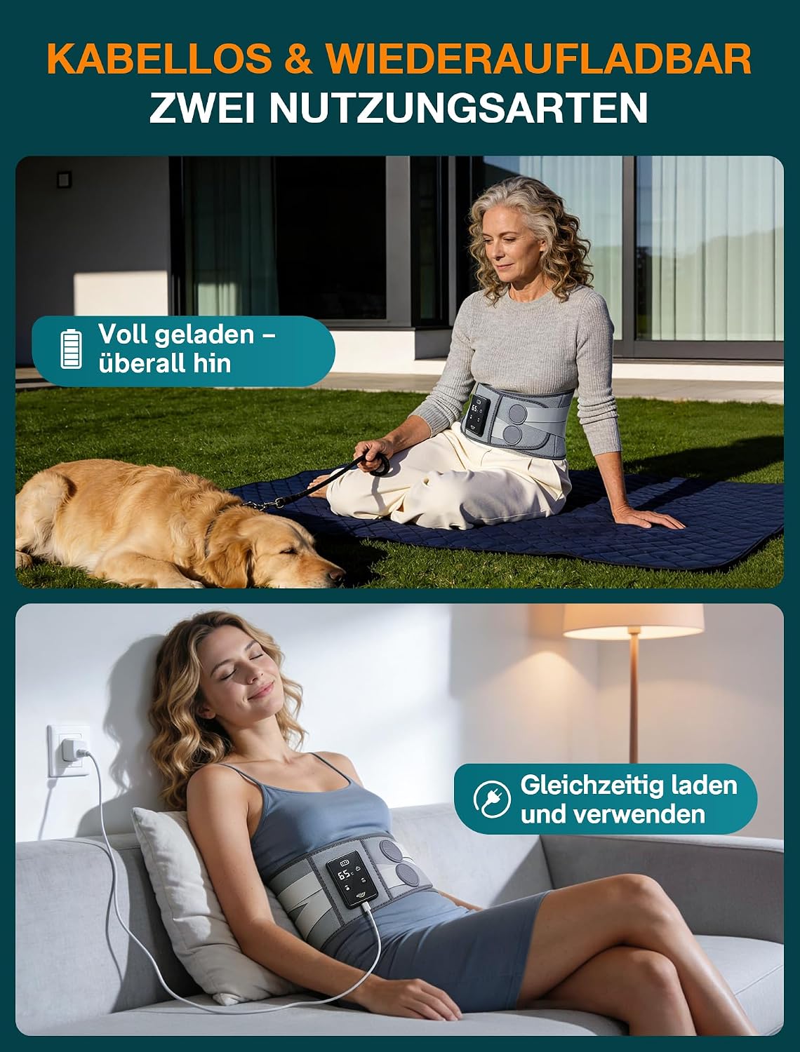 Detalle 1 de ALLJOY 170 cm Wärmegürtel für den Rücken mit Heizkissen, kabellosem Massagegerät (5 Vibrationsmodi, 3 Wärmestufen, 5000 mAh)