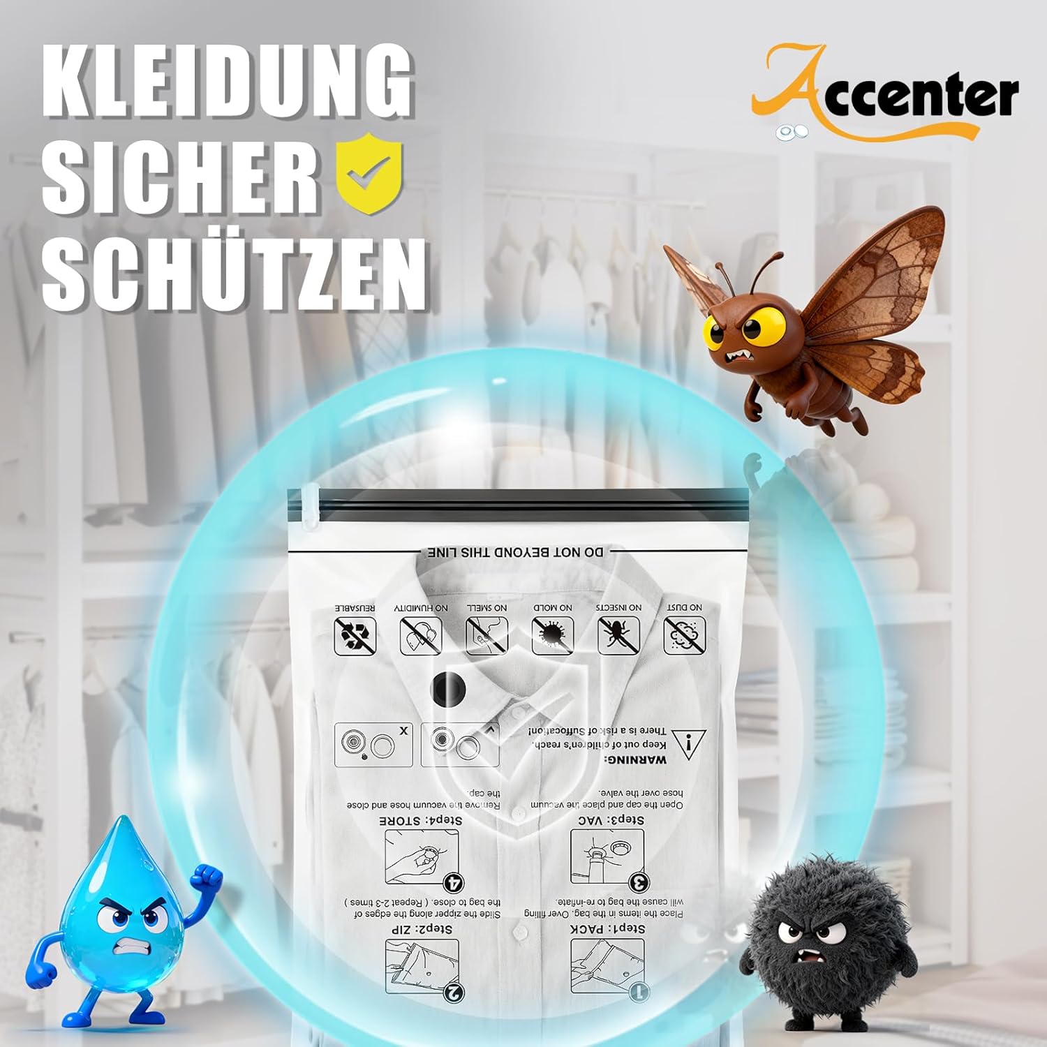 Thumbnail 6 de Accenter Vakuumbeutel für Kleidung mit elektrischer Pumpe (Set mit 10 Teilen, 3 Größen)