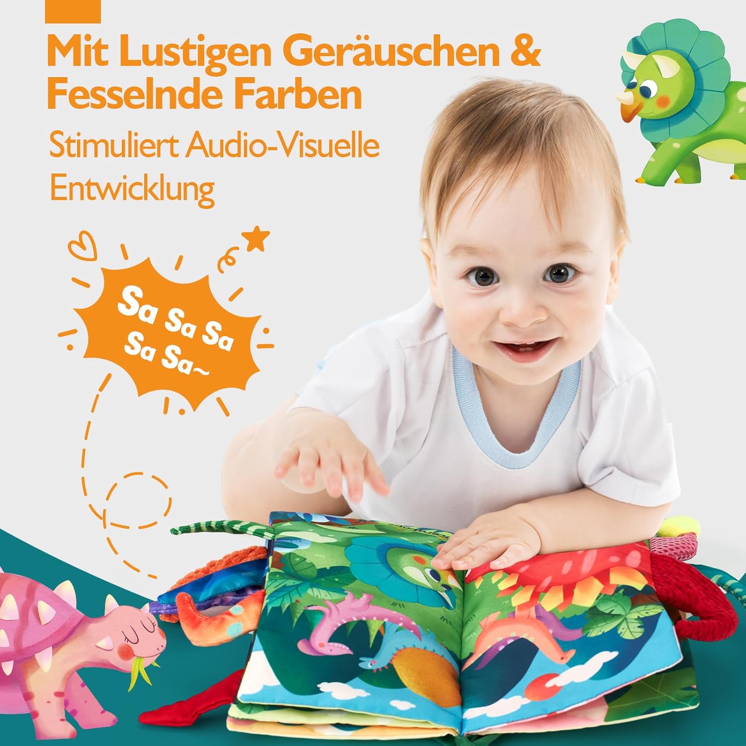 Thumbnail 2 de hahaland Baby Spielzeug 0–6 Monate Dinosaurier: sensorisches Stoffbuch mit Schwanz, Knister- und Quiet-Effekten