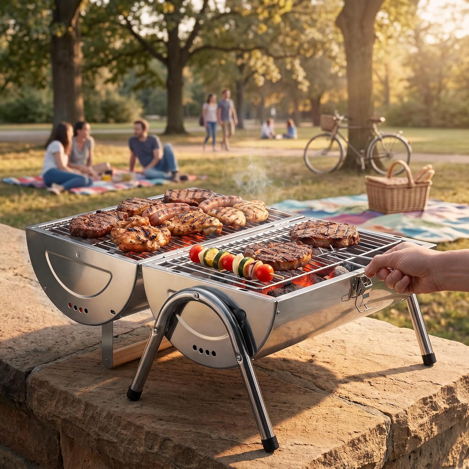 Detalle 2 de tectake 406669 portabel kolgrill med dubbel grillyta och hopfällbar design
