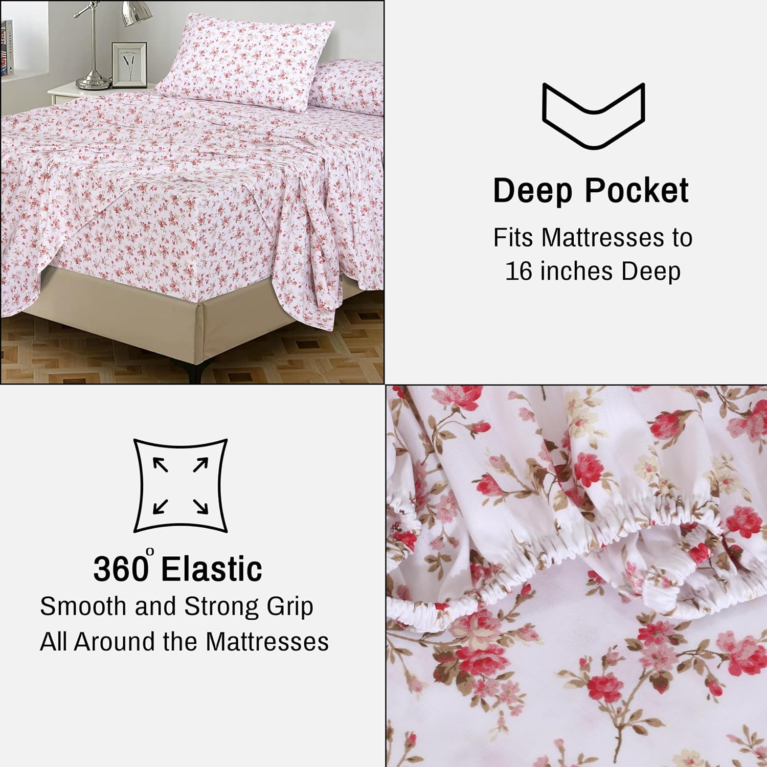 Detalle 2 de RUVANTI 100% Cotton Queen Percale Sheet Set (4-Piece) – 16-Inch Deep Pocket, Cooling Floral Bouquet