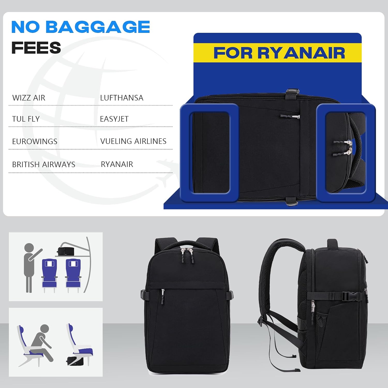 Thumbnail 2 de Xkdoai zaino 40x30x20 per bagaglio a mano Ryanair, con scomparto PC 14" e tasche per bottiglie