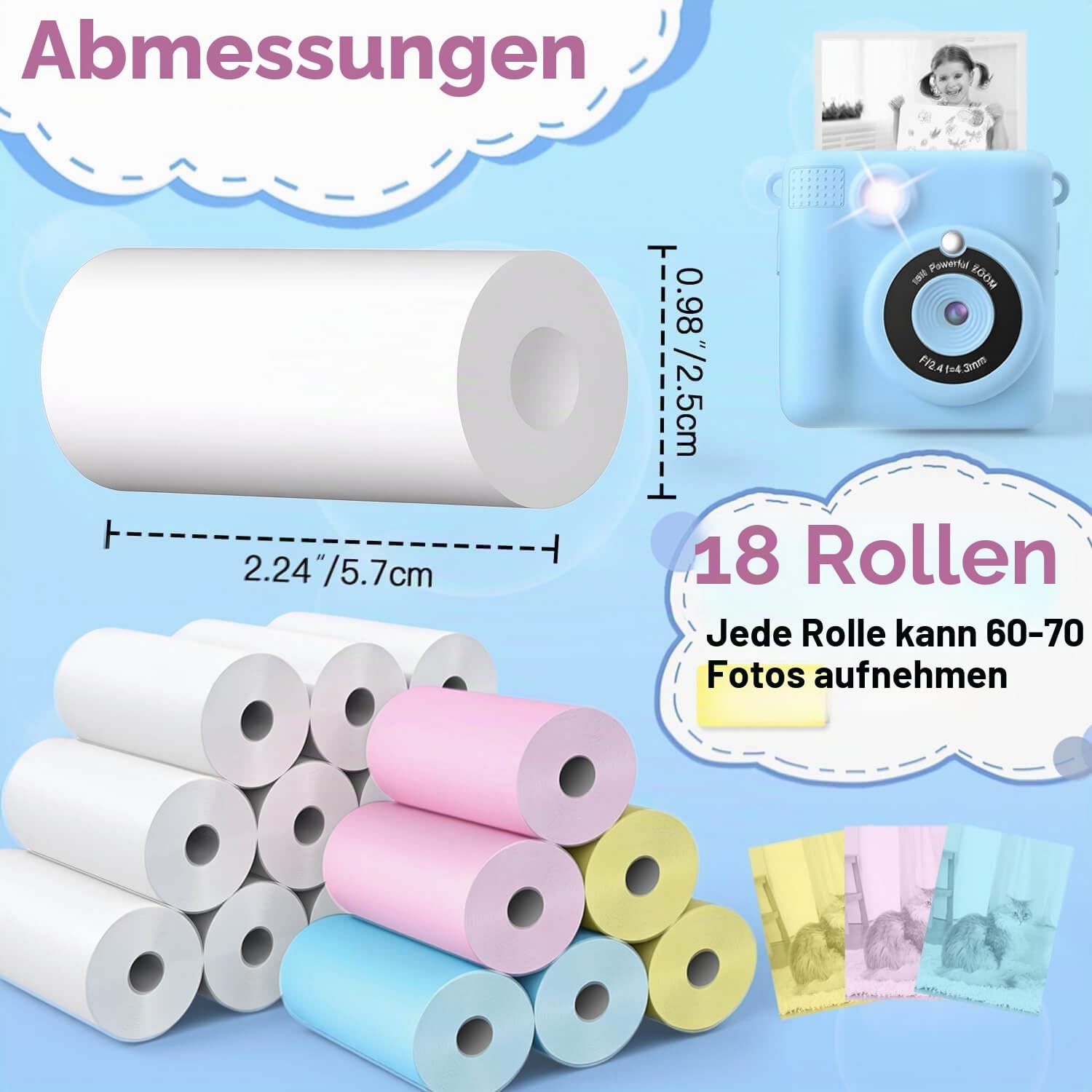 Thumbnail 3 de 18 Rollen Kinderkamera-Papierrolle 5,7x2,5 cm