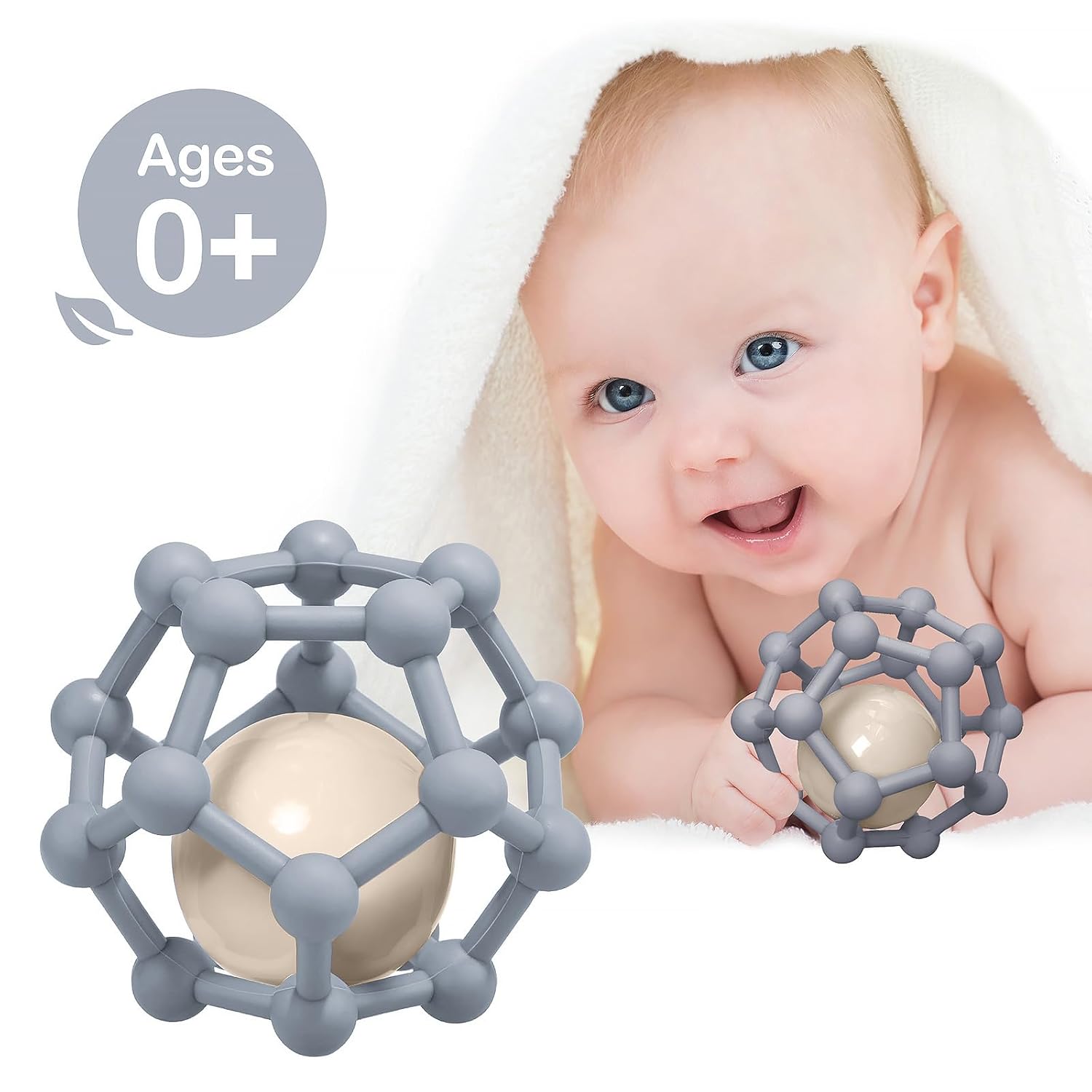 Thumbnail 4 de MCGMITT Baby-Beißring mit Rassel-Ball aus Silikon (grau) für Babys 3–12 Monate