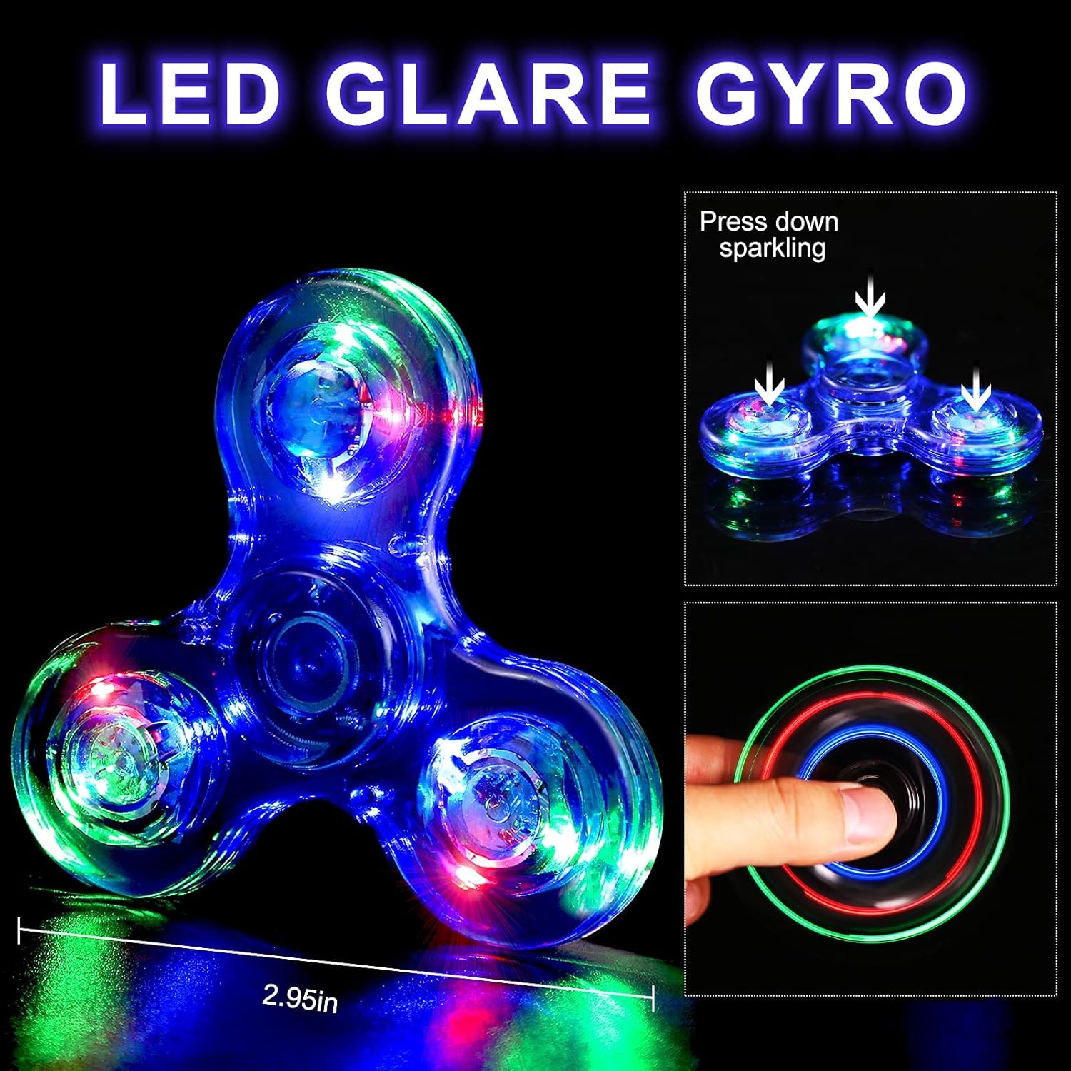 Detalle de SCIONE Fidget Spinner 5er Set – Leuchtende LED Kristall Spinner für dunkle Partys