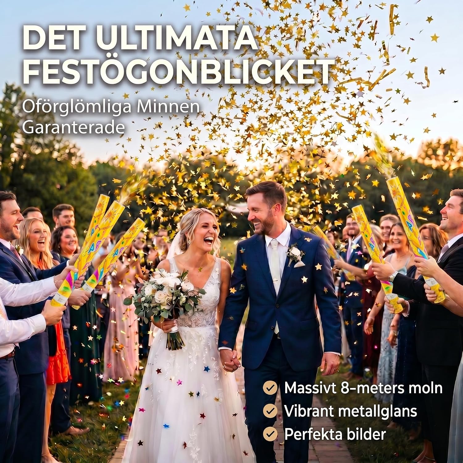 Detalle de GOODS+GADGETS konfettikanoner, 5-pack i guld, 60 cm med metallisk konfetti